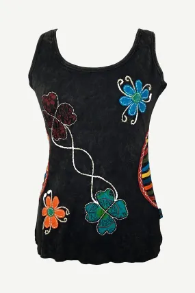 0084 RB Soft Knit Sleeveless Wide Strap Embroidered Tank Top Blouse