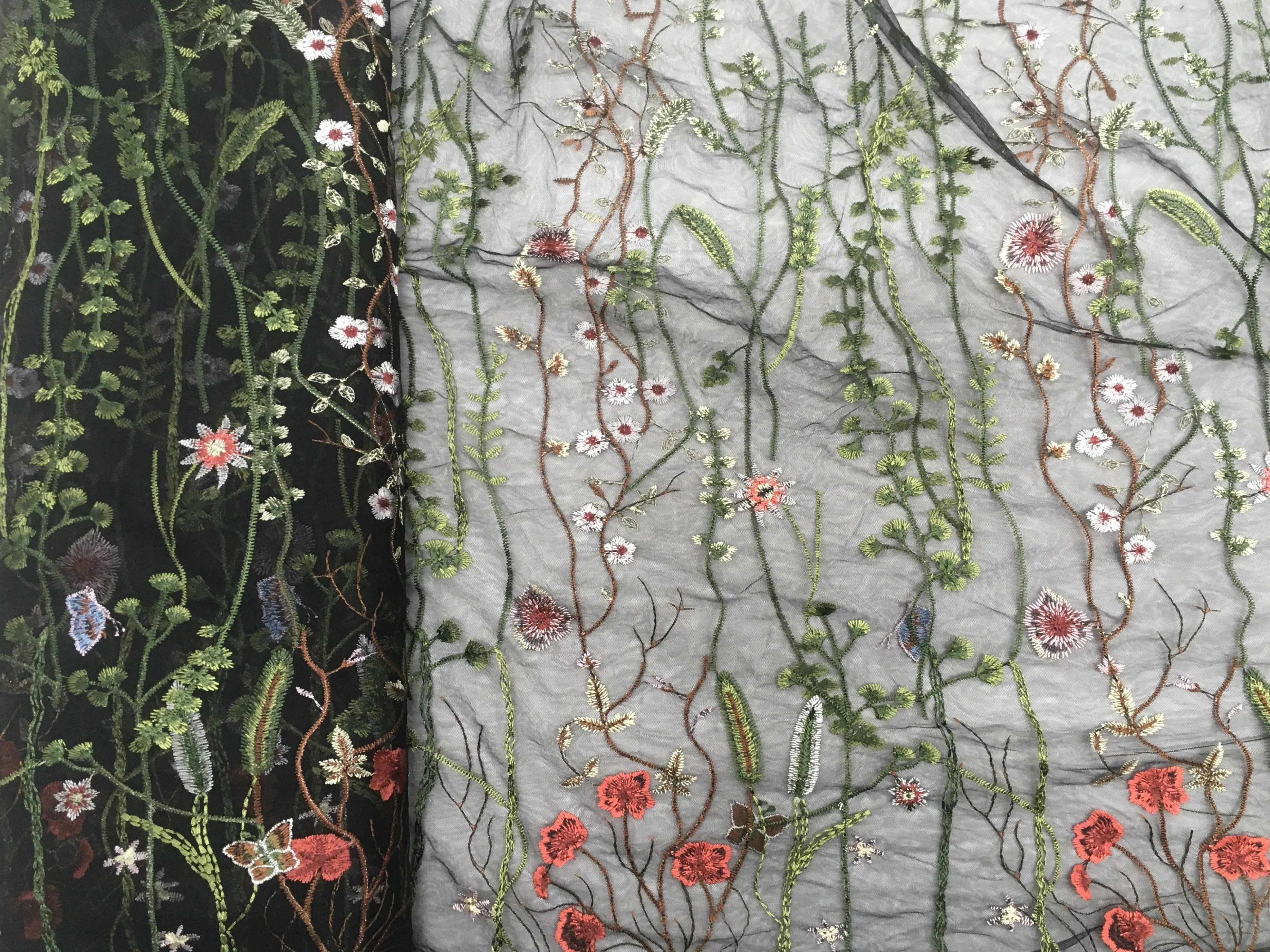 60 inch Floral Embroidered Overlay Tulle- Black Tulle with Red Green Flowers