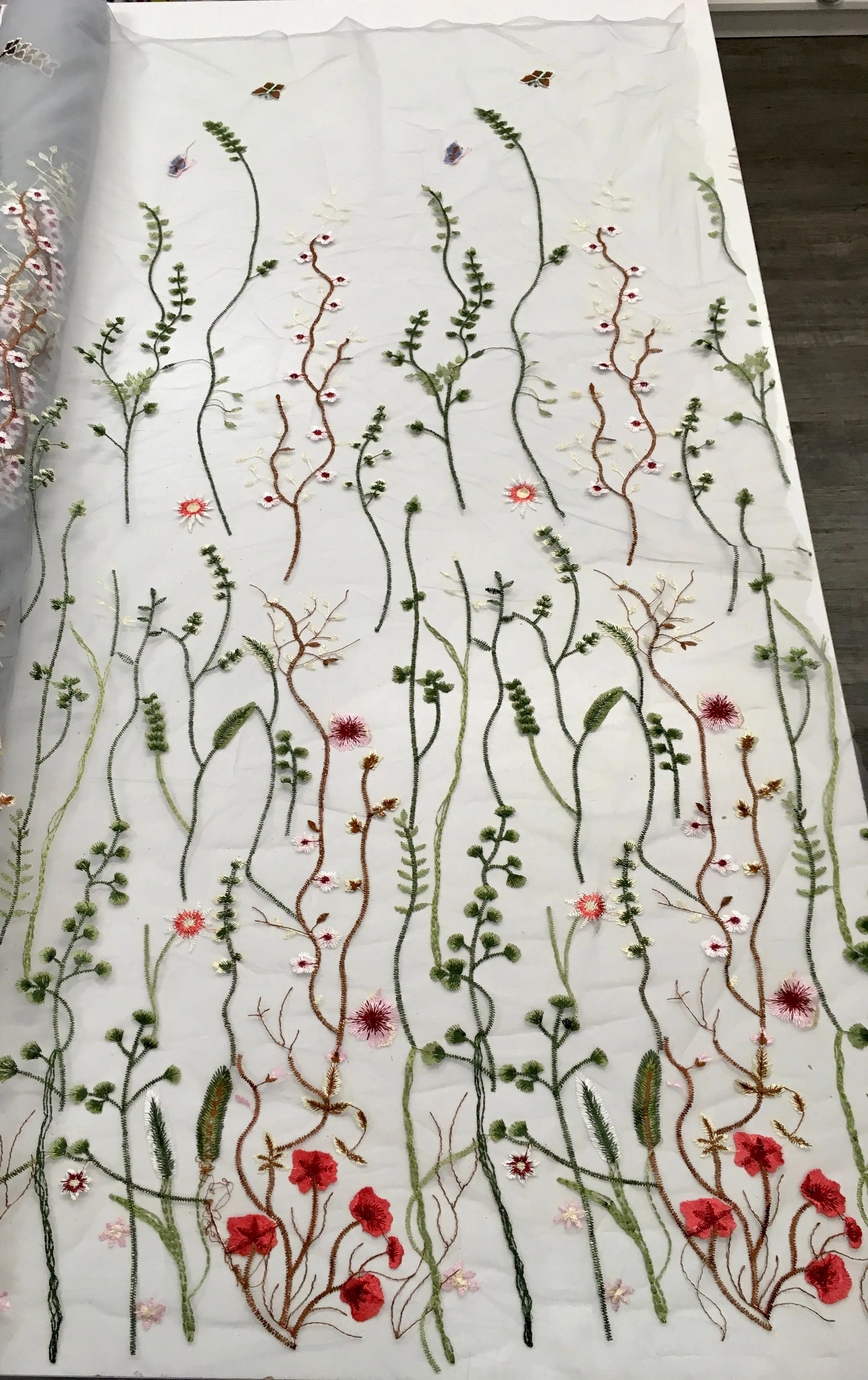 60 inch Floral Embroidered Overlay Tulle- Gray Tulle with Red Green Flowers