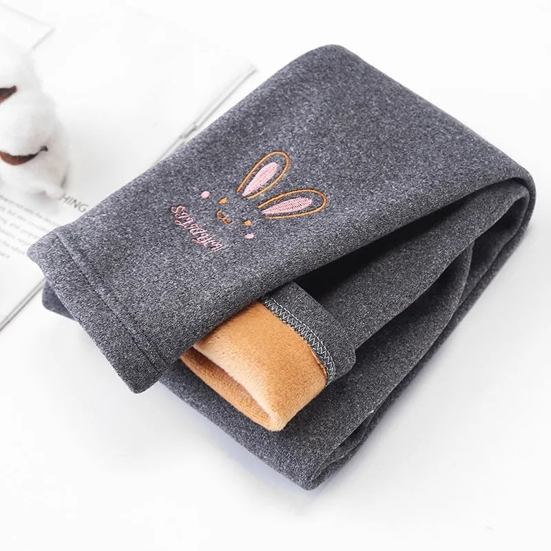 Autumn Winter Baby Girls Leggings Thick Warm Cute Rabbit Kid Plus Velvet Pants Children Solid Trousers