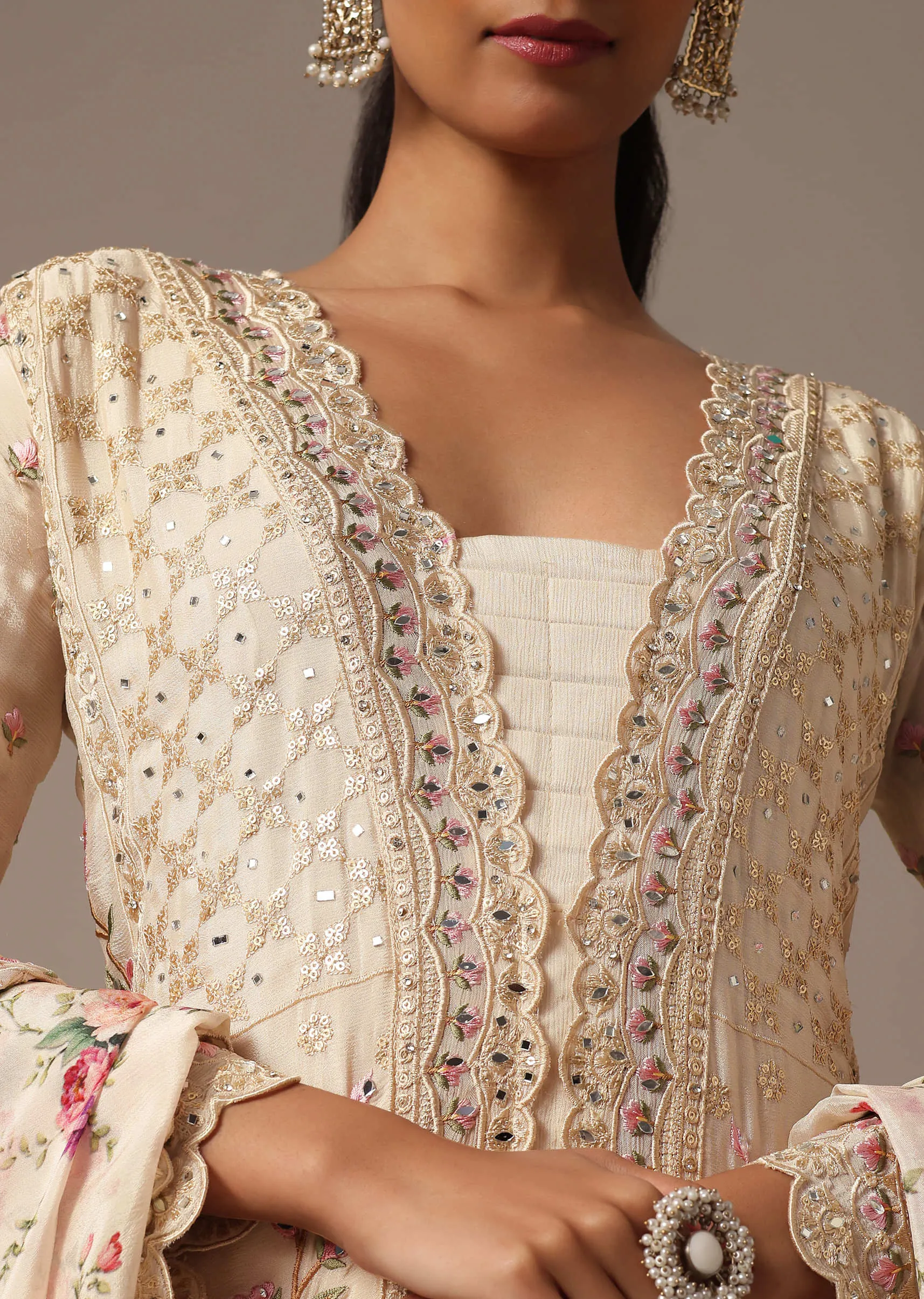 Beige Embroidered Kurta Palazzo Set With Floral Printed Dupatta