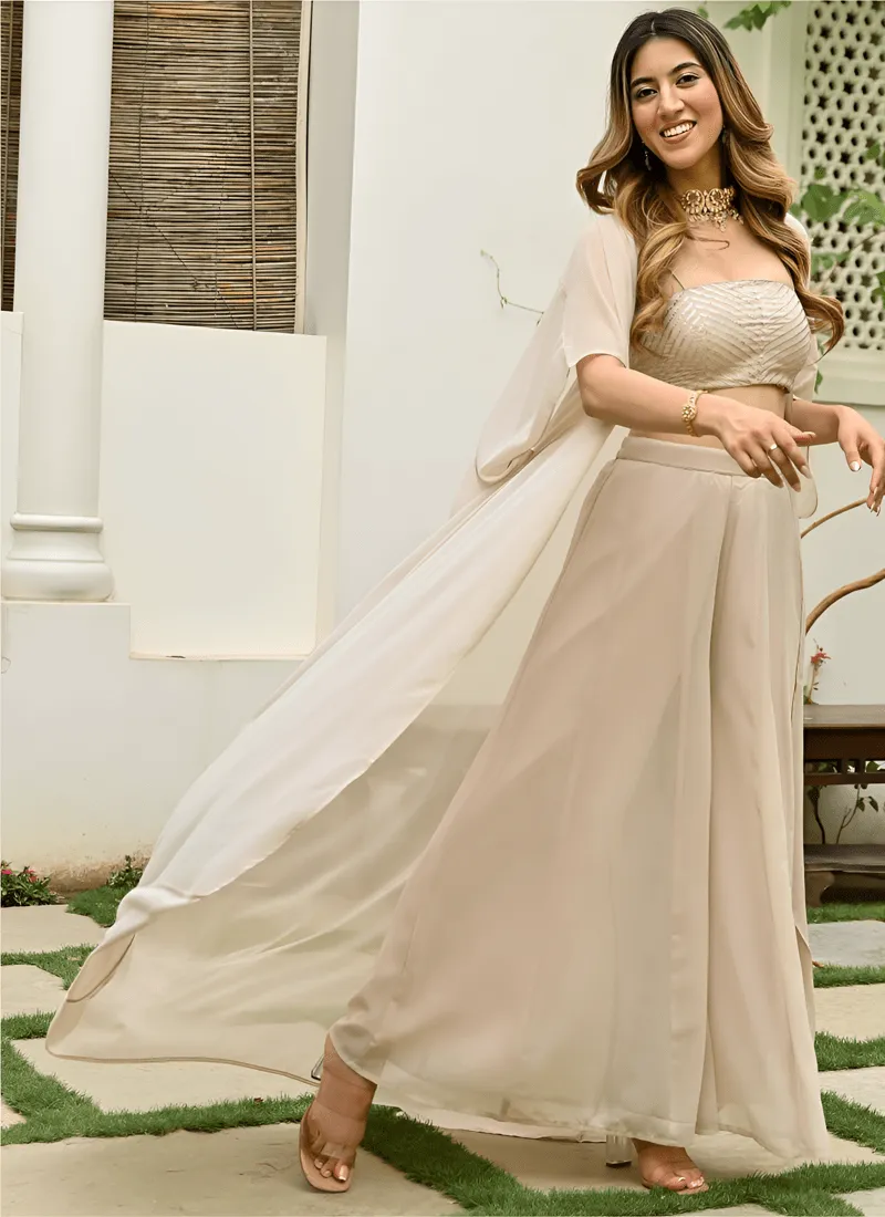 Beige Indo Western Crop Top Palazzo and Jacket Ensemble