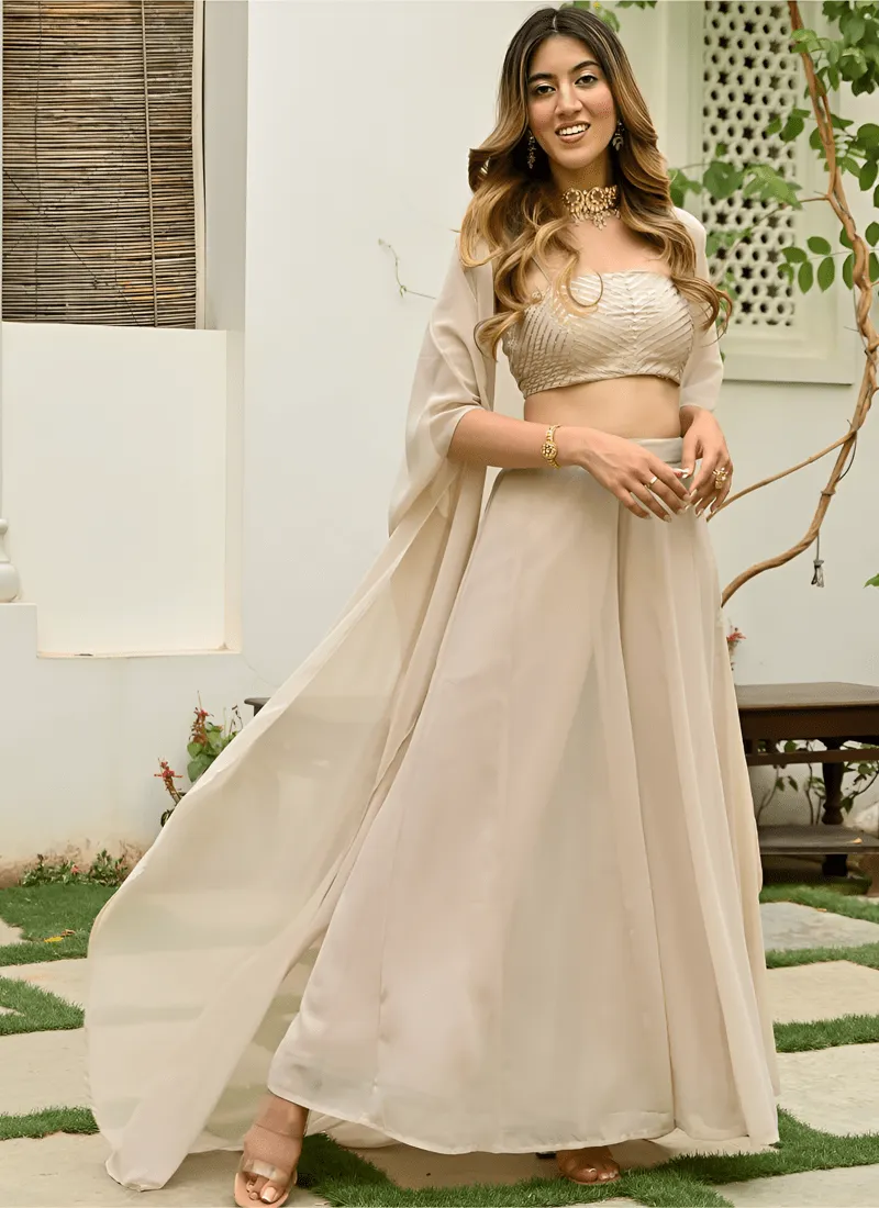 Beige Indo Western Crop Top Palazzo and Jacket Ensemble