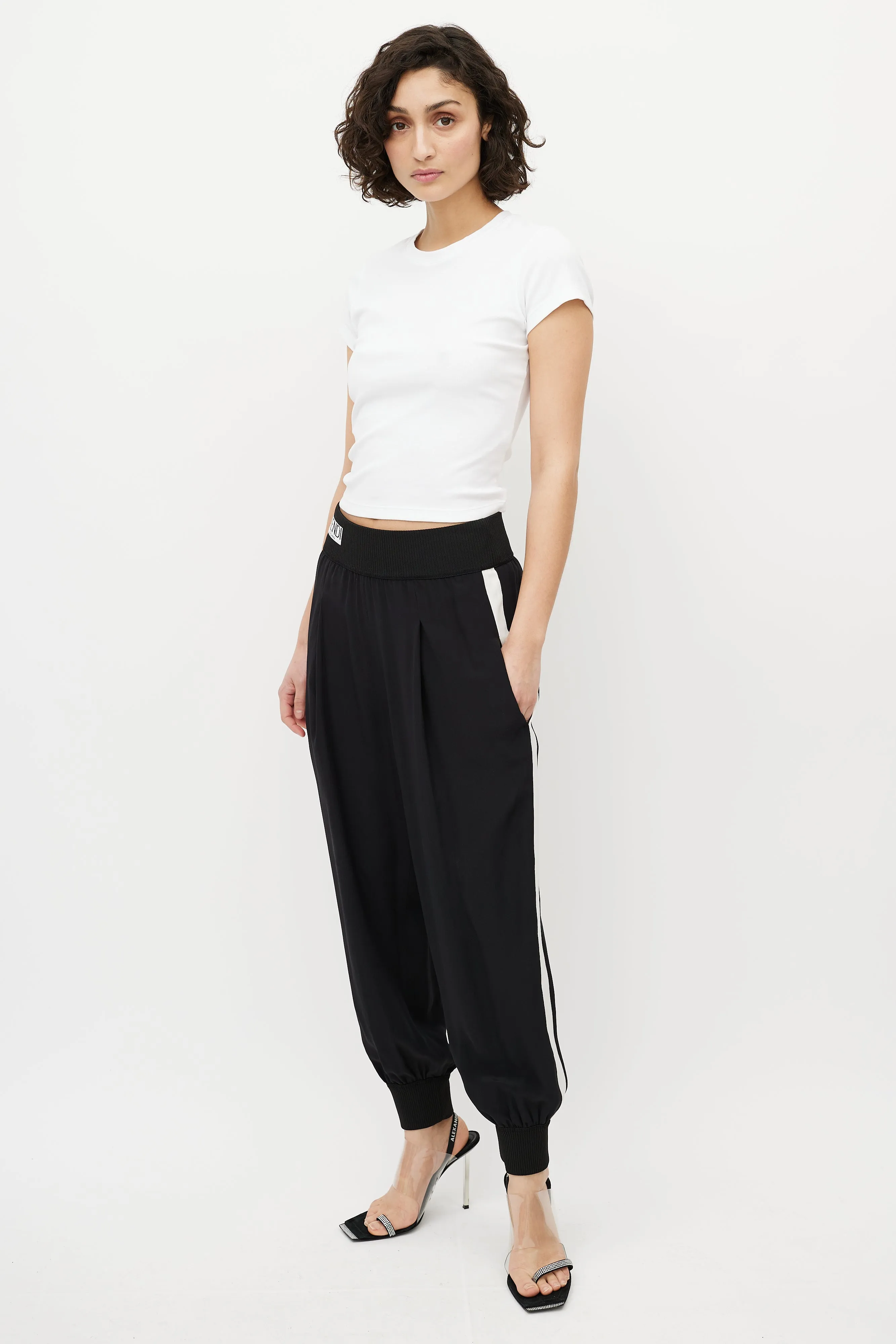 Black & White Silk Ribbed Logo Jogger