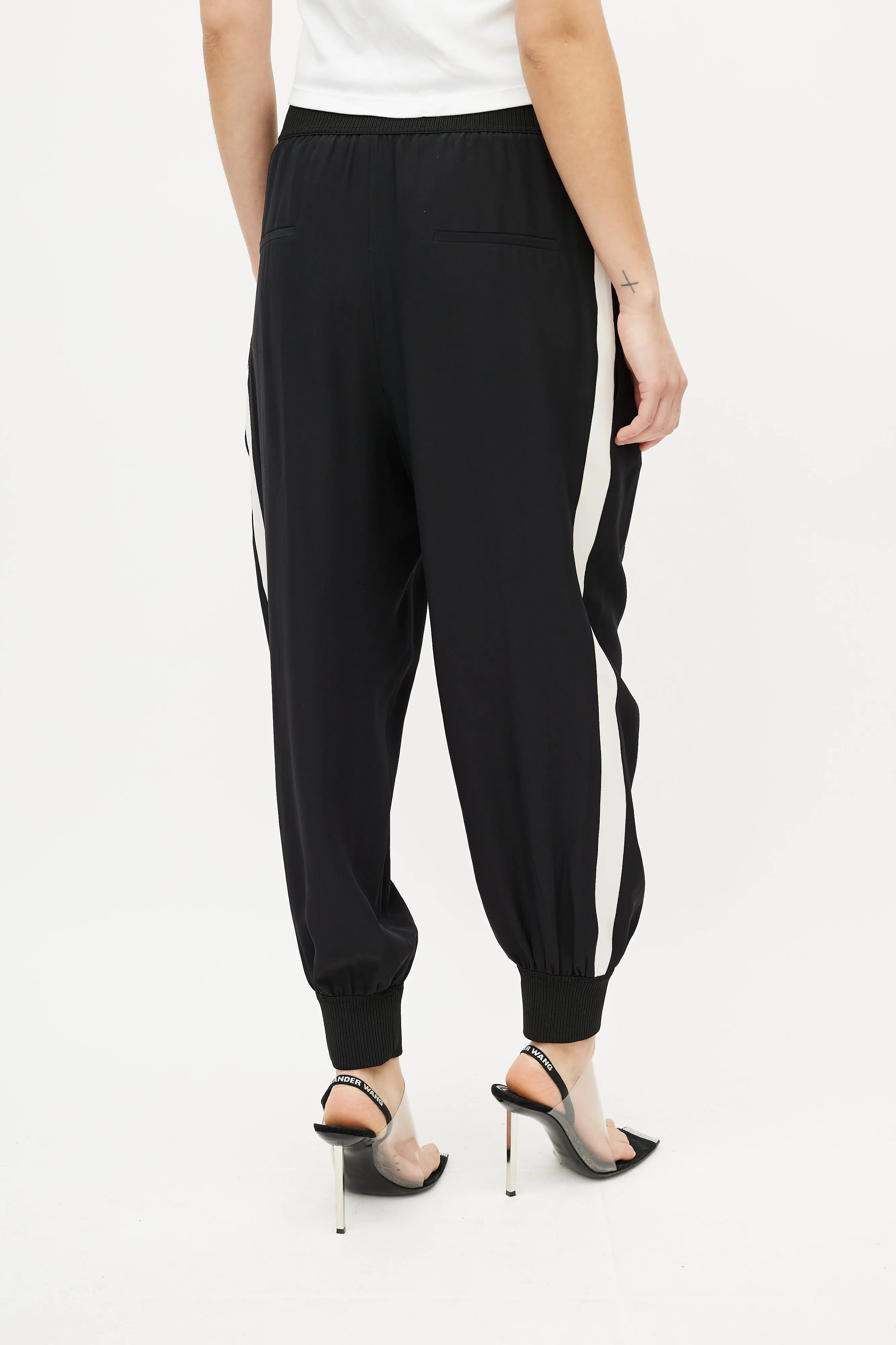 Black & White Silk Ribbed Logo Jogger