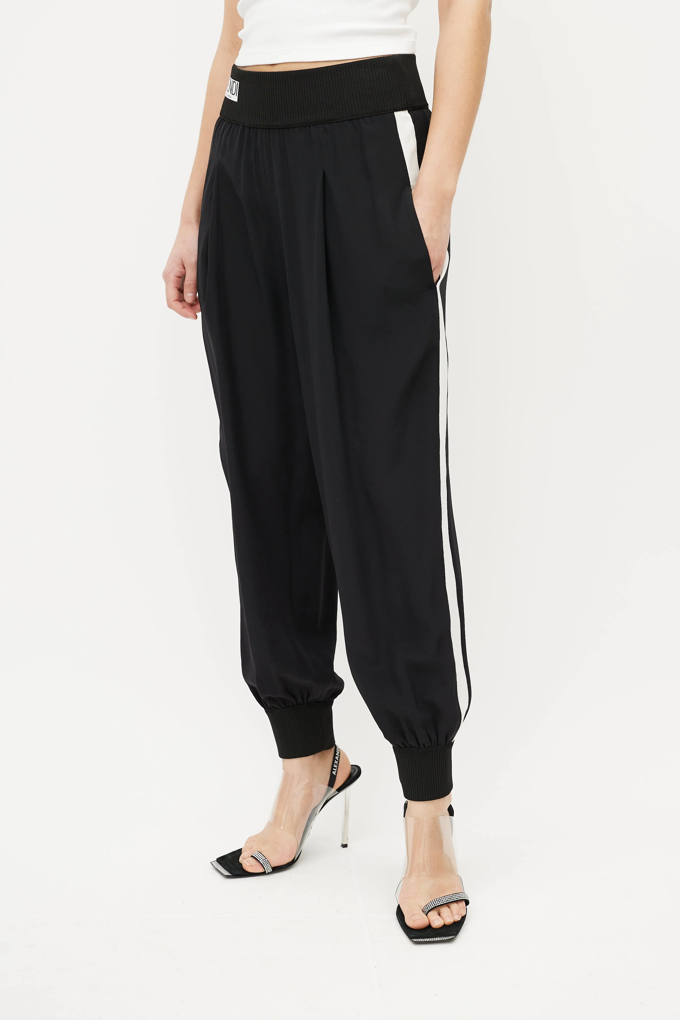 Black & White Silk Ribbed Logo Jogger
