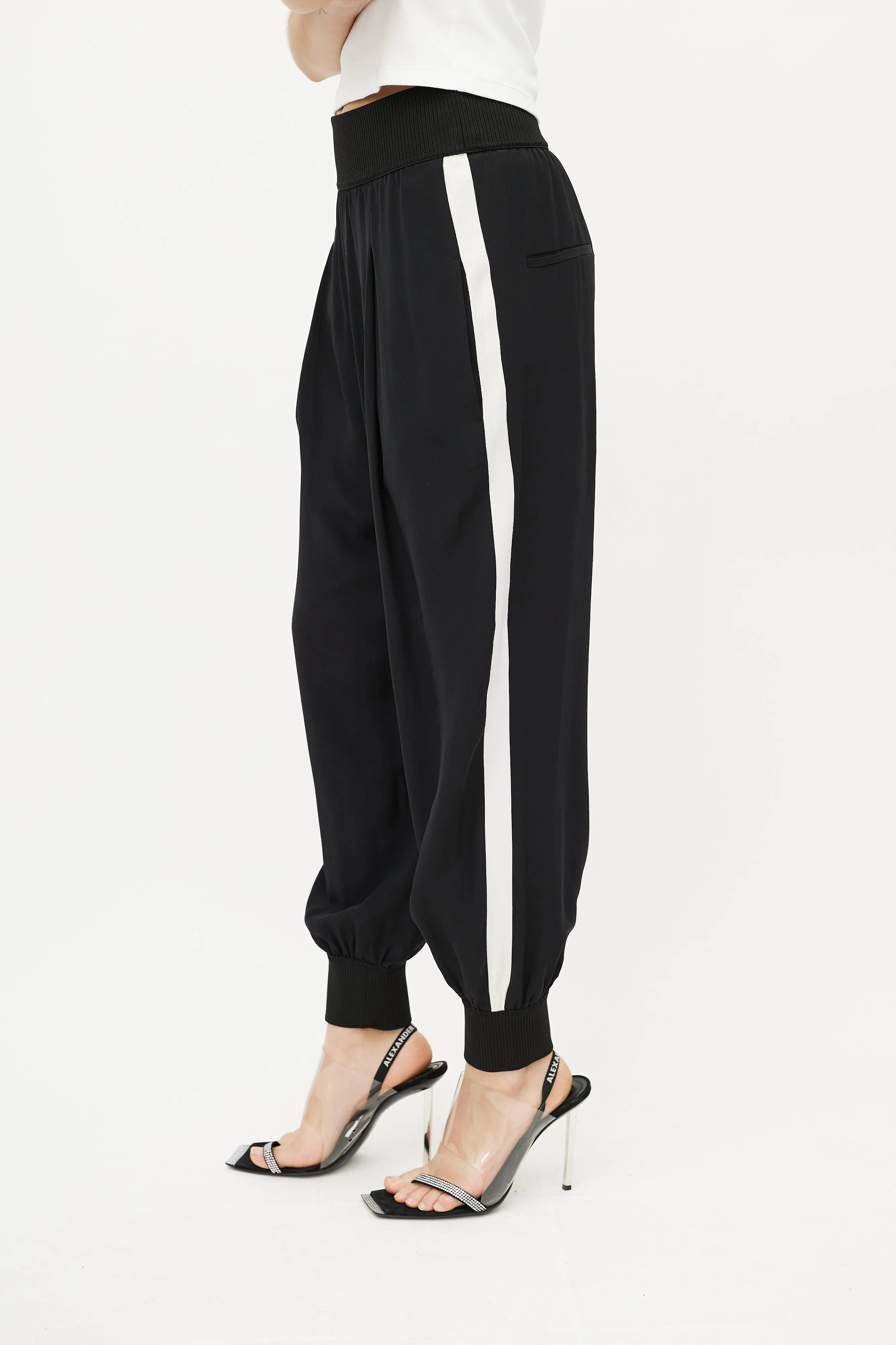 Black & White Silk Ribbed Logo Jogger