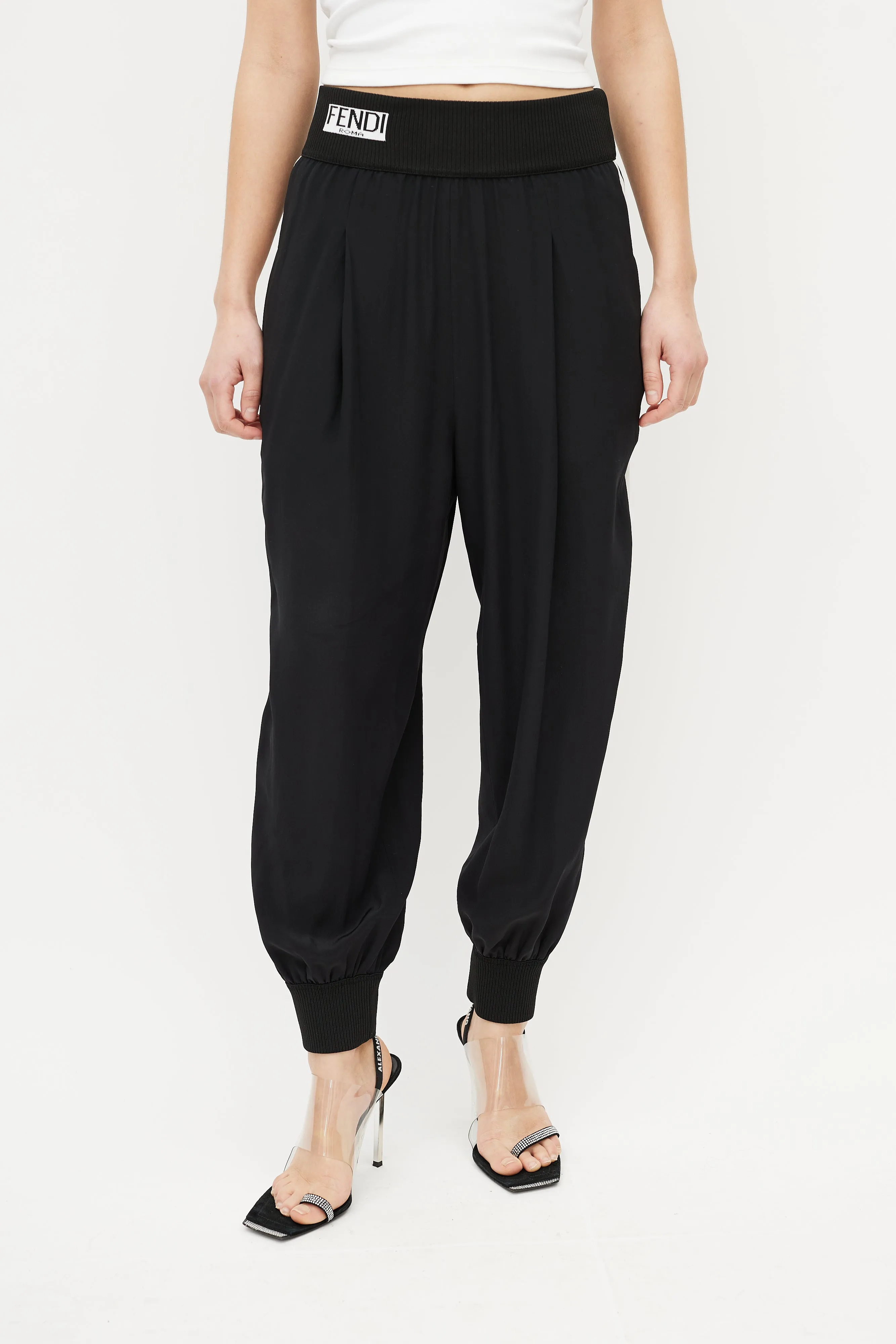 Black & White Silk Ribbed Logo Jogger