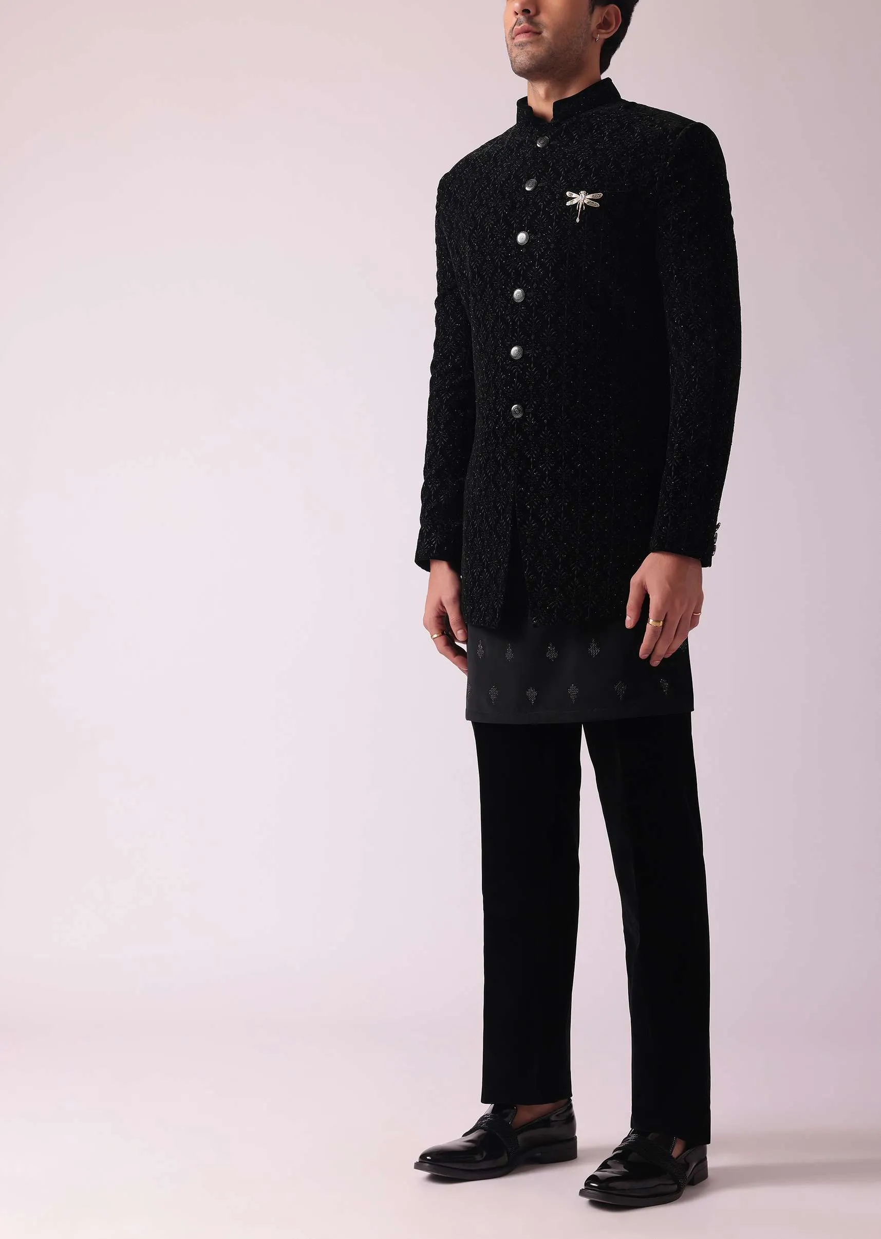 Black Indowestern Set In Velvet With Thread Embroidery