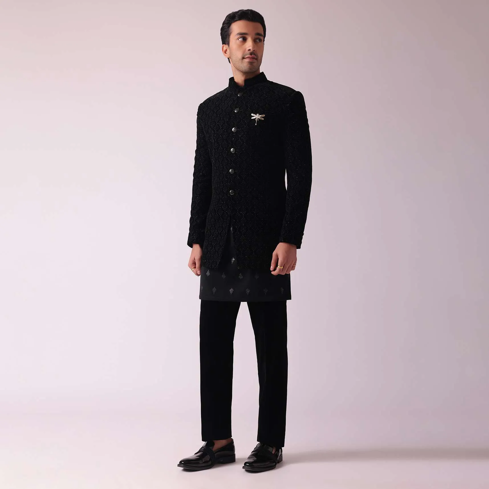 Black Indowestern Set In Velvet With Thread Embroidery