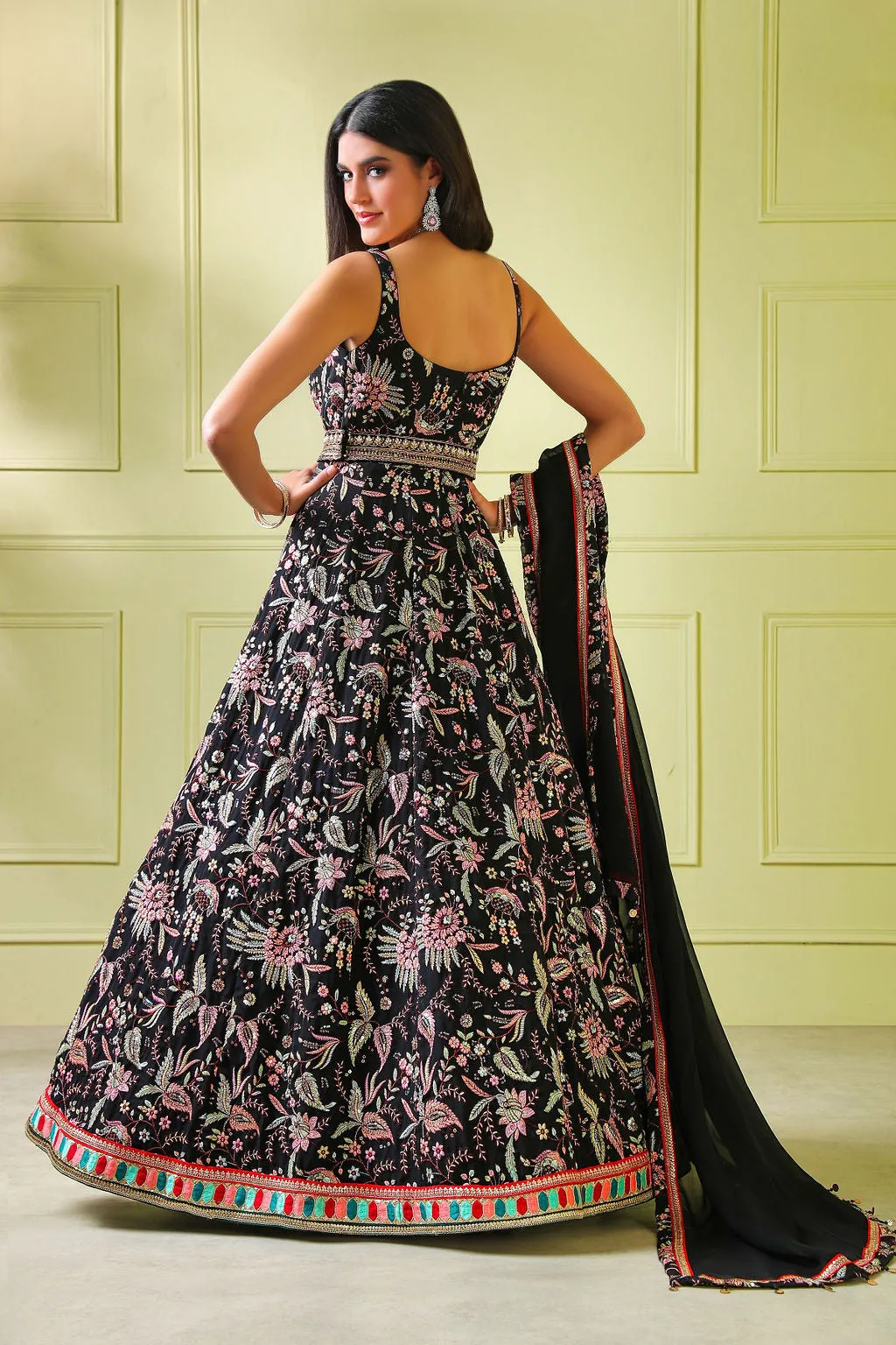 Black multi embroidery Gown with Scarf