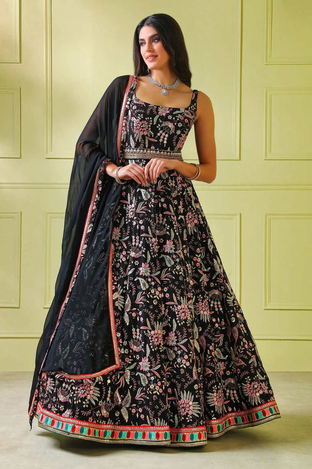Black multi embroidery Gown with Scarf