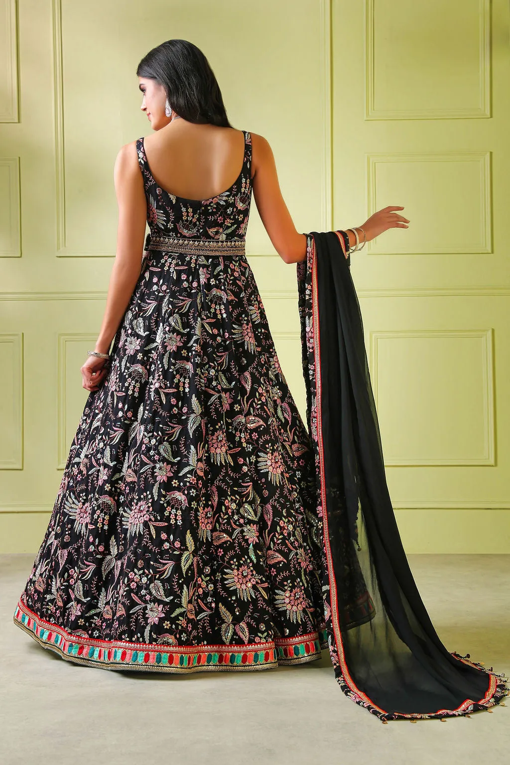 Black multi embroidery Gown with Scarf