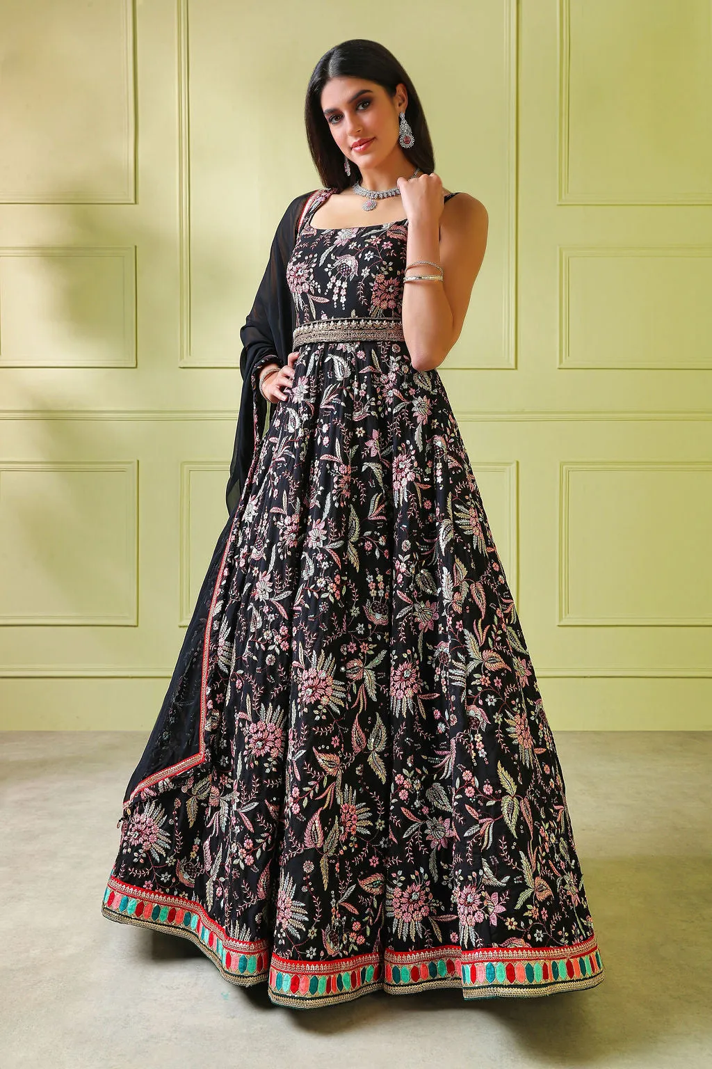 Black multi embroidery Gown with Scarf