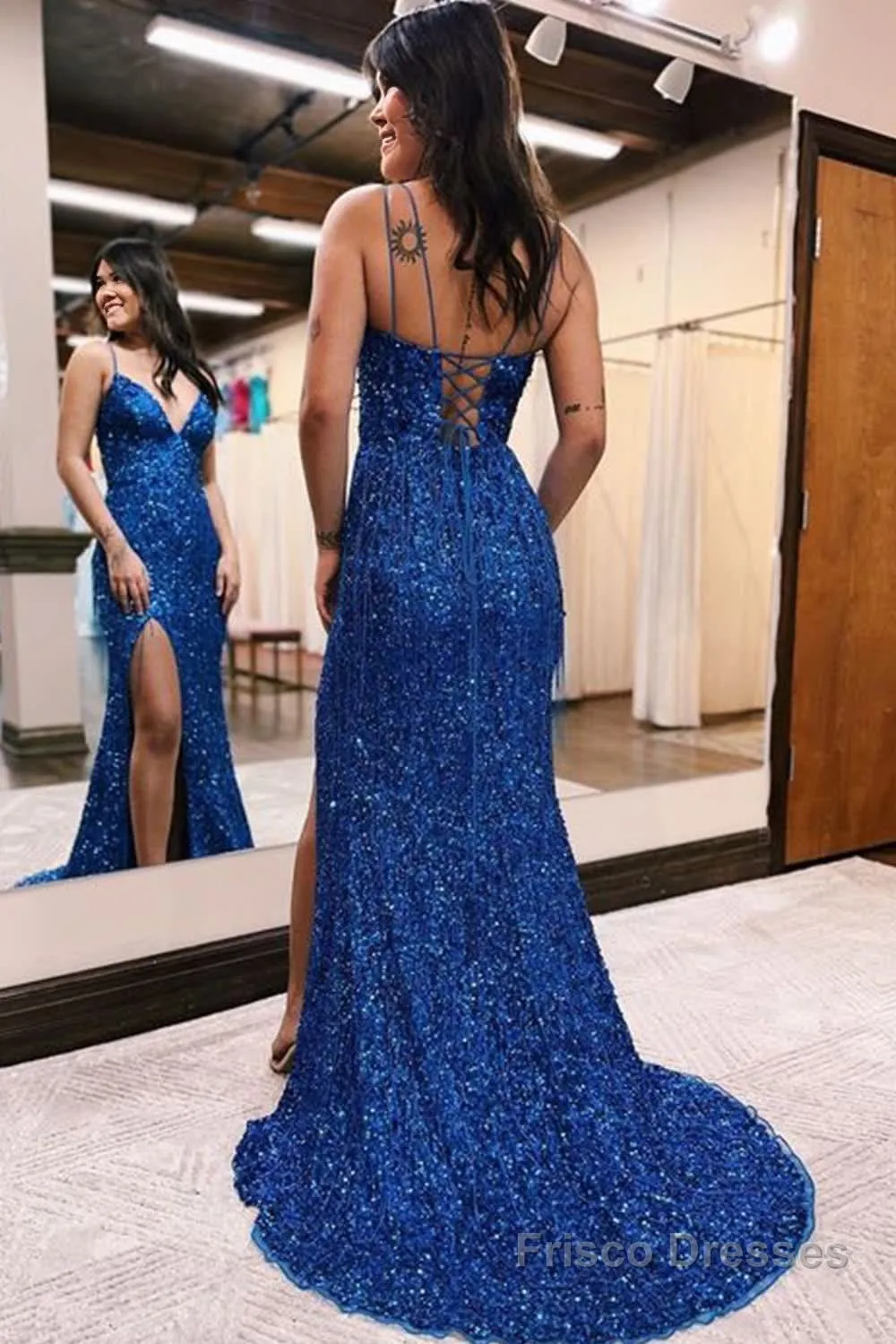 Black Sequined Spaghetti Straps Prom Dress