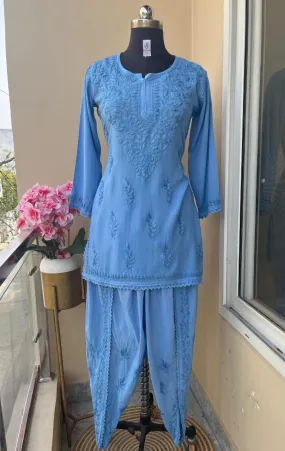 Blue Cotton Rayon Short Kurti   Cotton Dhoti Pant Lucknow Chikankari Co-ord Set