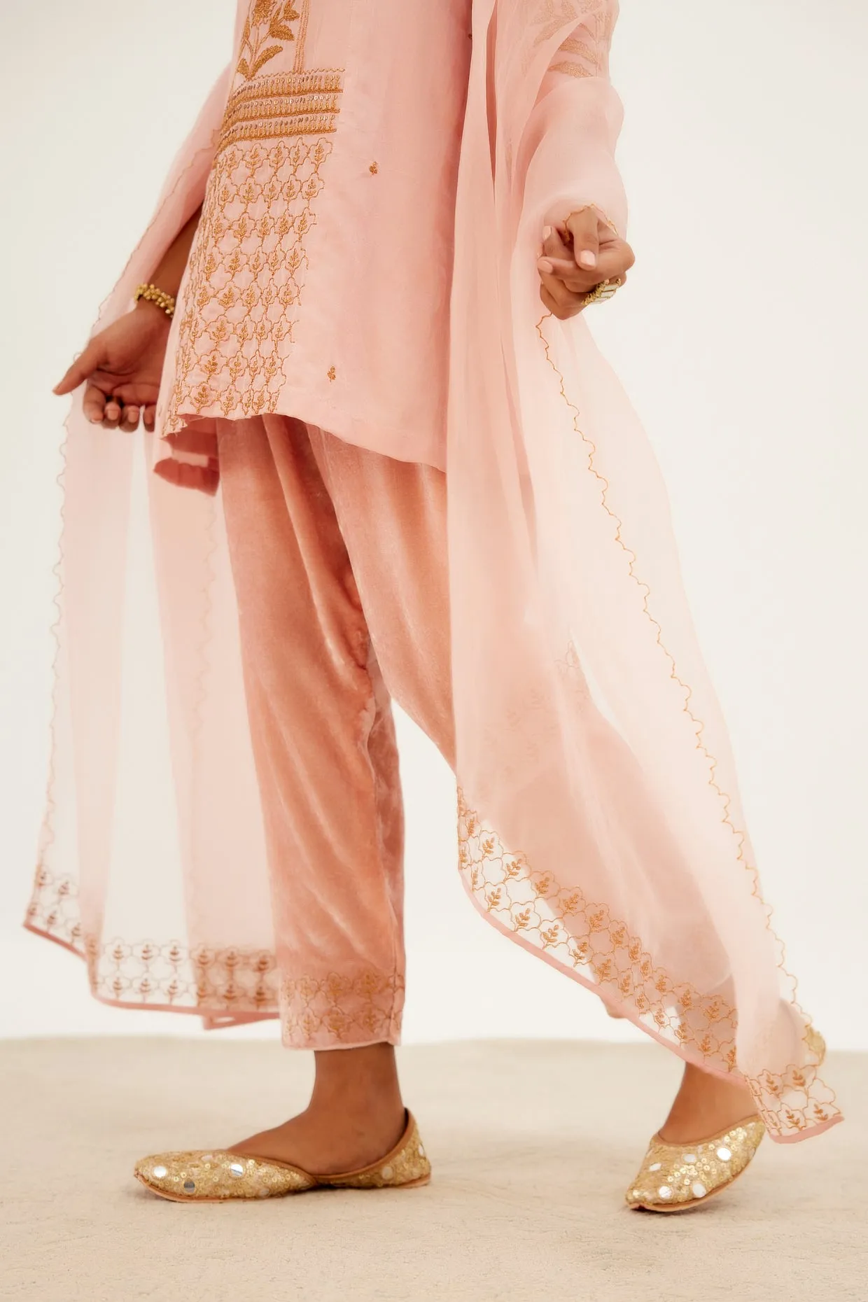 Blush Pink Embroidered Cotton Silk Satin Kurta Set