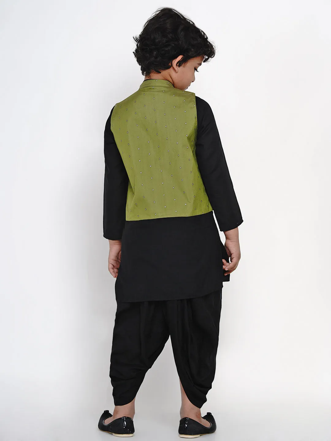 Boys Black & Green Solid Kurta with Dhoti Pants & Nehru Jacket