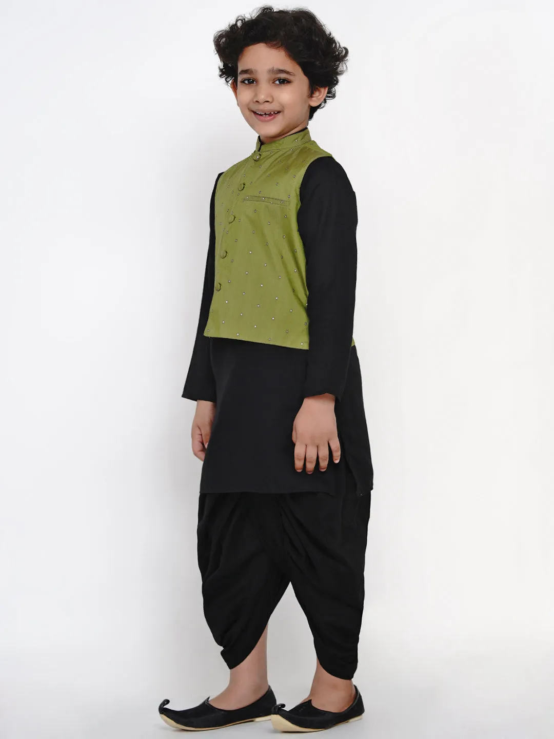 Boys Black & Green Solid Kurta with Dhoti Pants & Nehru Jacket