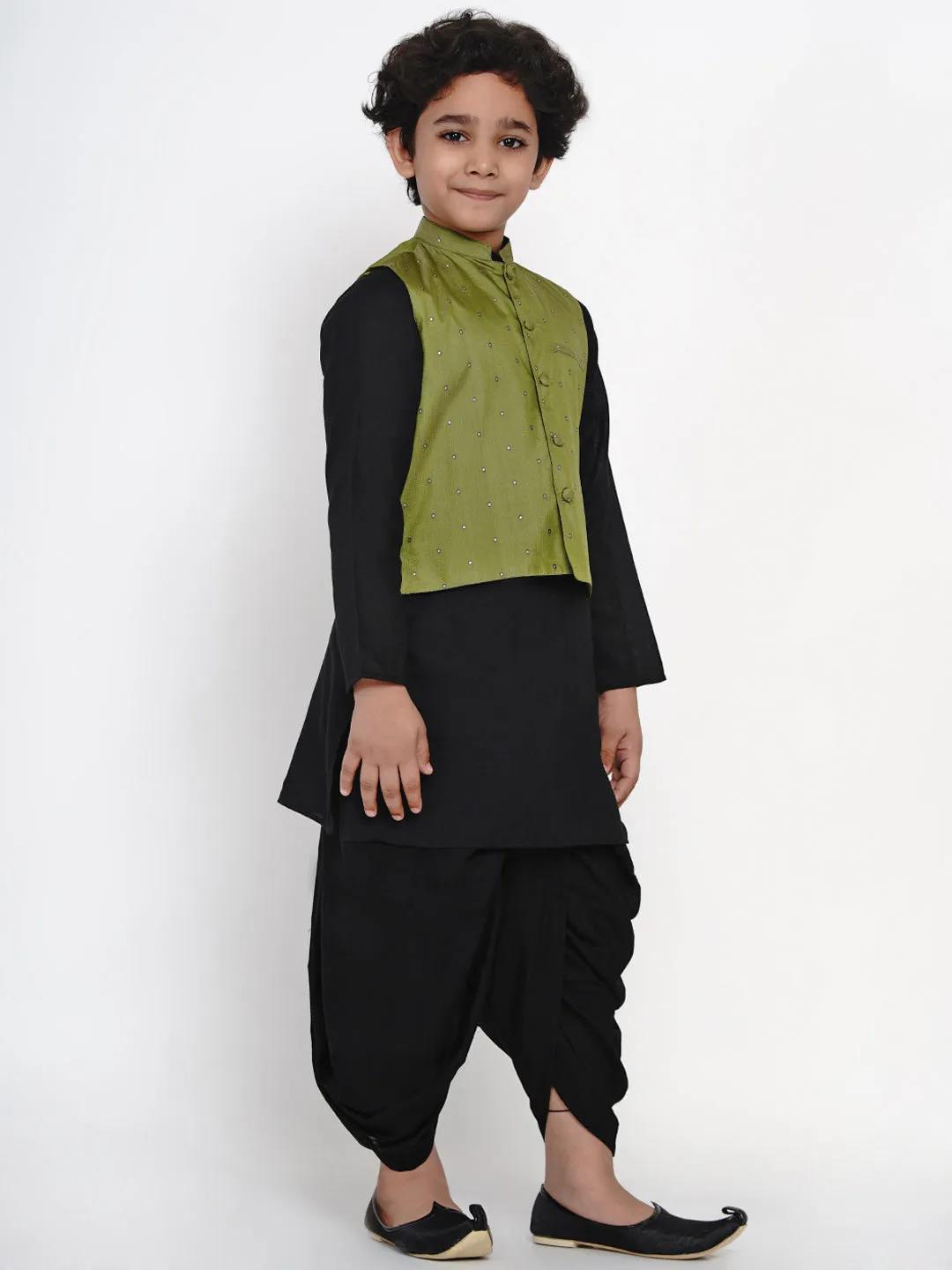 Boys Black & Green Solid Kurta with Dhoti Pants & Nehru Jacket