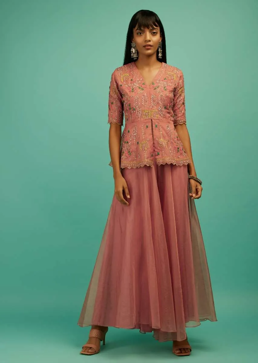 Brick Dust Palazzo Suit In Organza With A Matching Peplum Top Adorned In Zari And Thread Embroidery