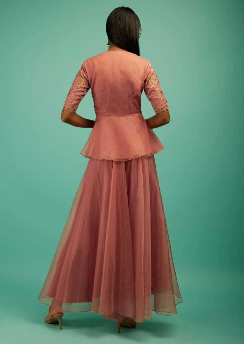 Brick Dust Palazzo Suit In Organza With A Matching Peplum Top Adorned In Zari And Thread Embroidery