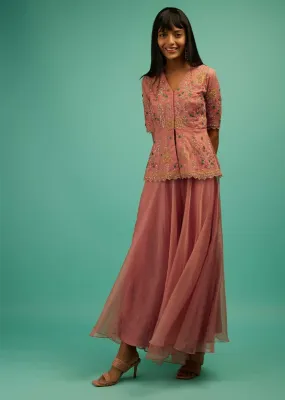 Brick Dust Palazzo Suit In Organza With A Matching Peplum Top Adorned In Zari And Thread Embroidery