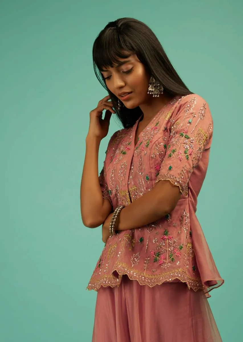 Brick Dust Palazzo Suit In Organza With A Matching Peplum Top Adorned In Zari And Thread Embroidery