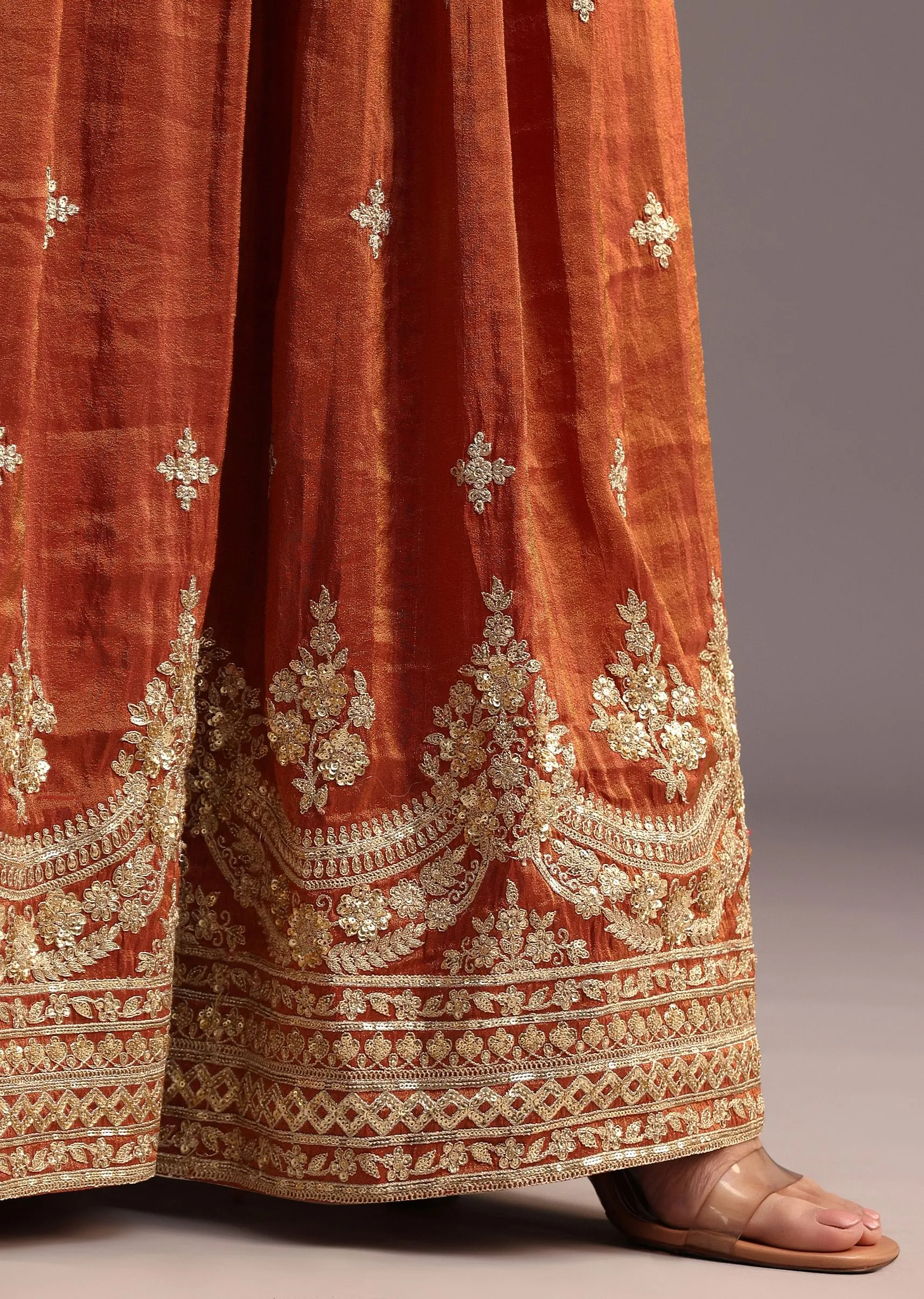 Brown And Gold Embroidered Palazzo Suit With Dupatta