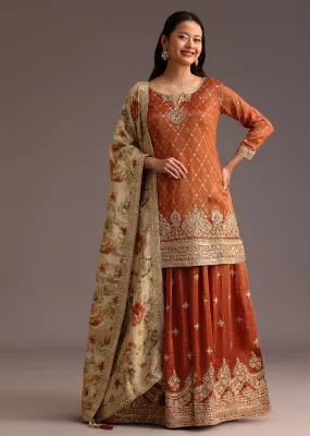 Brown And Gold Embroidered Palazzo Suit With Dupatta