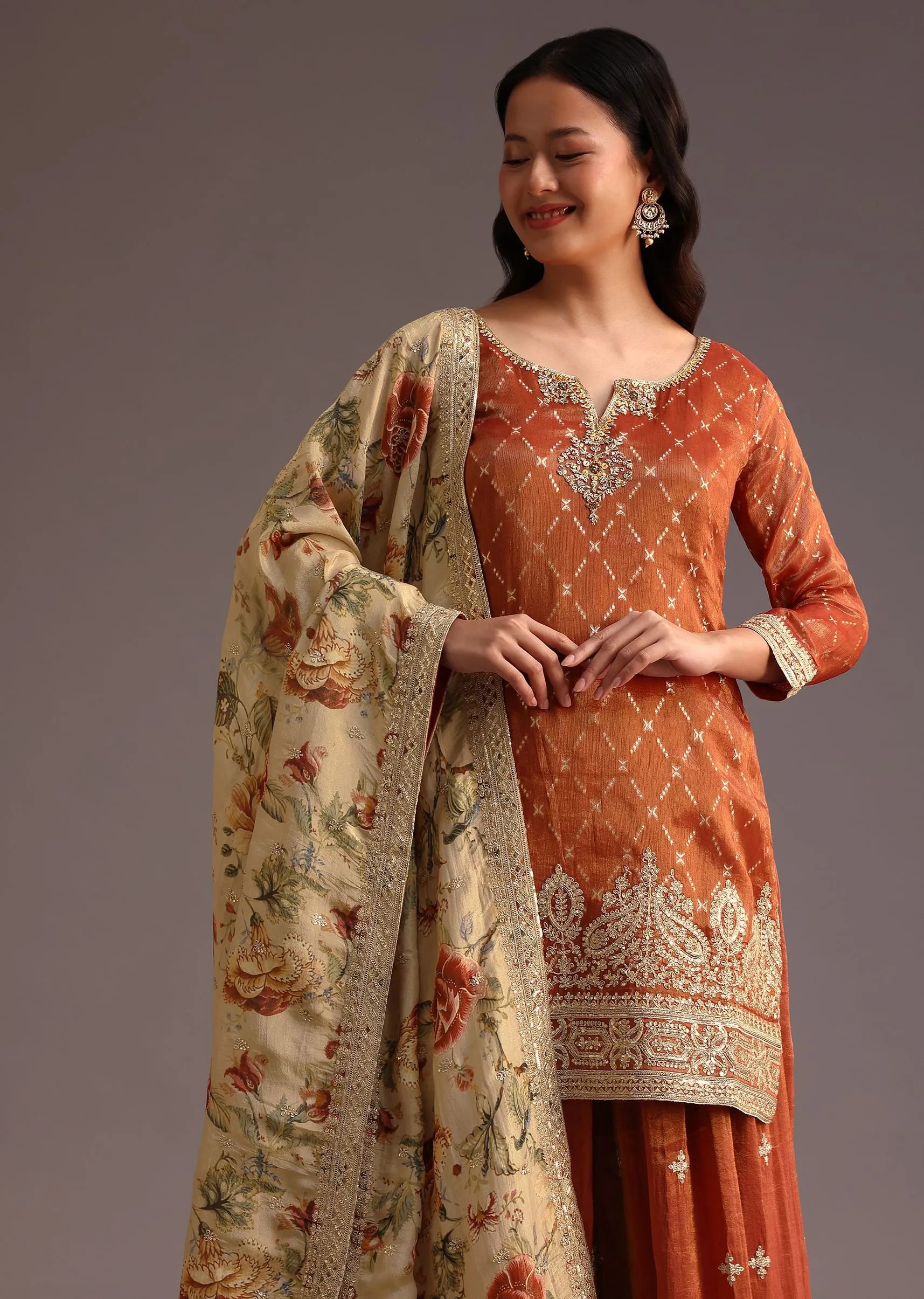 Brown And Gold Embroidered Palazzo Suit With Dupatta