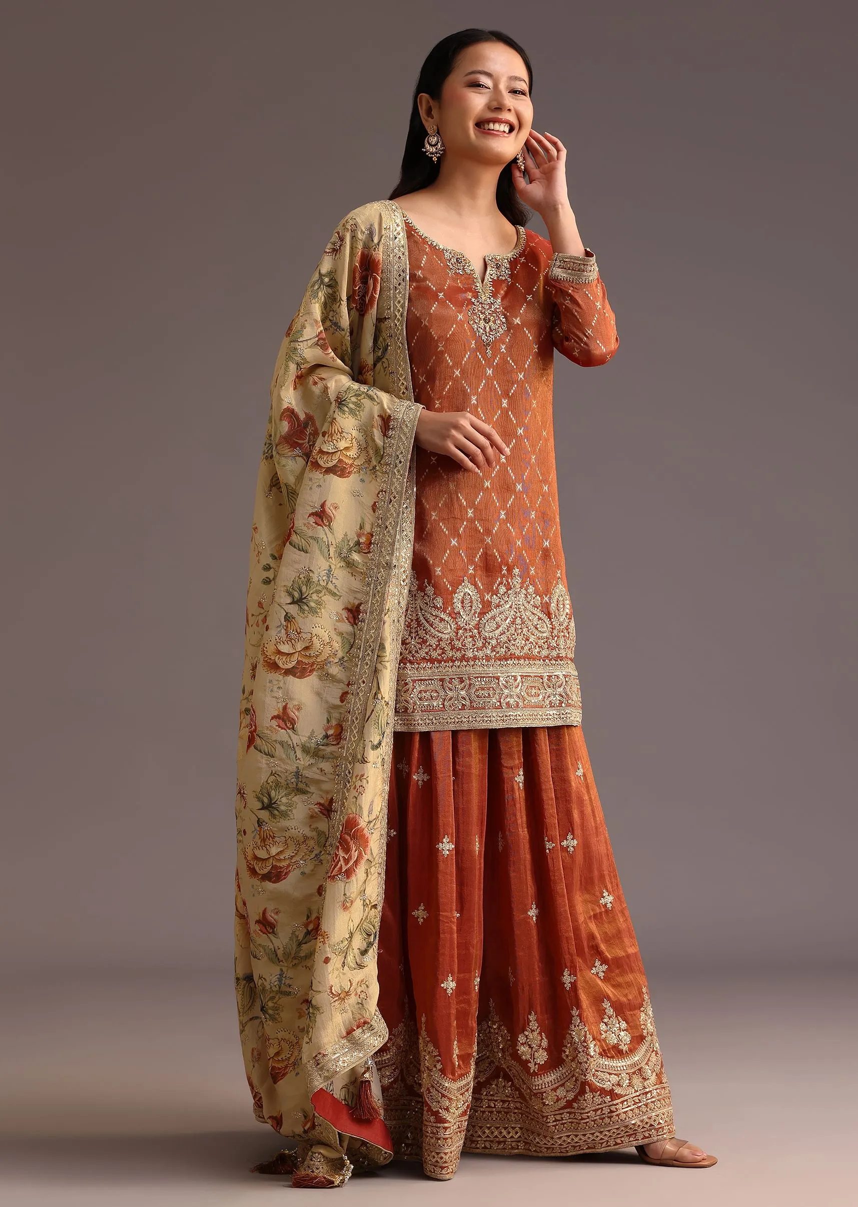 Brown And Gold Embroidered Palazzo Suit With Dupatta