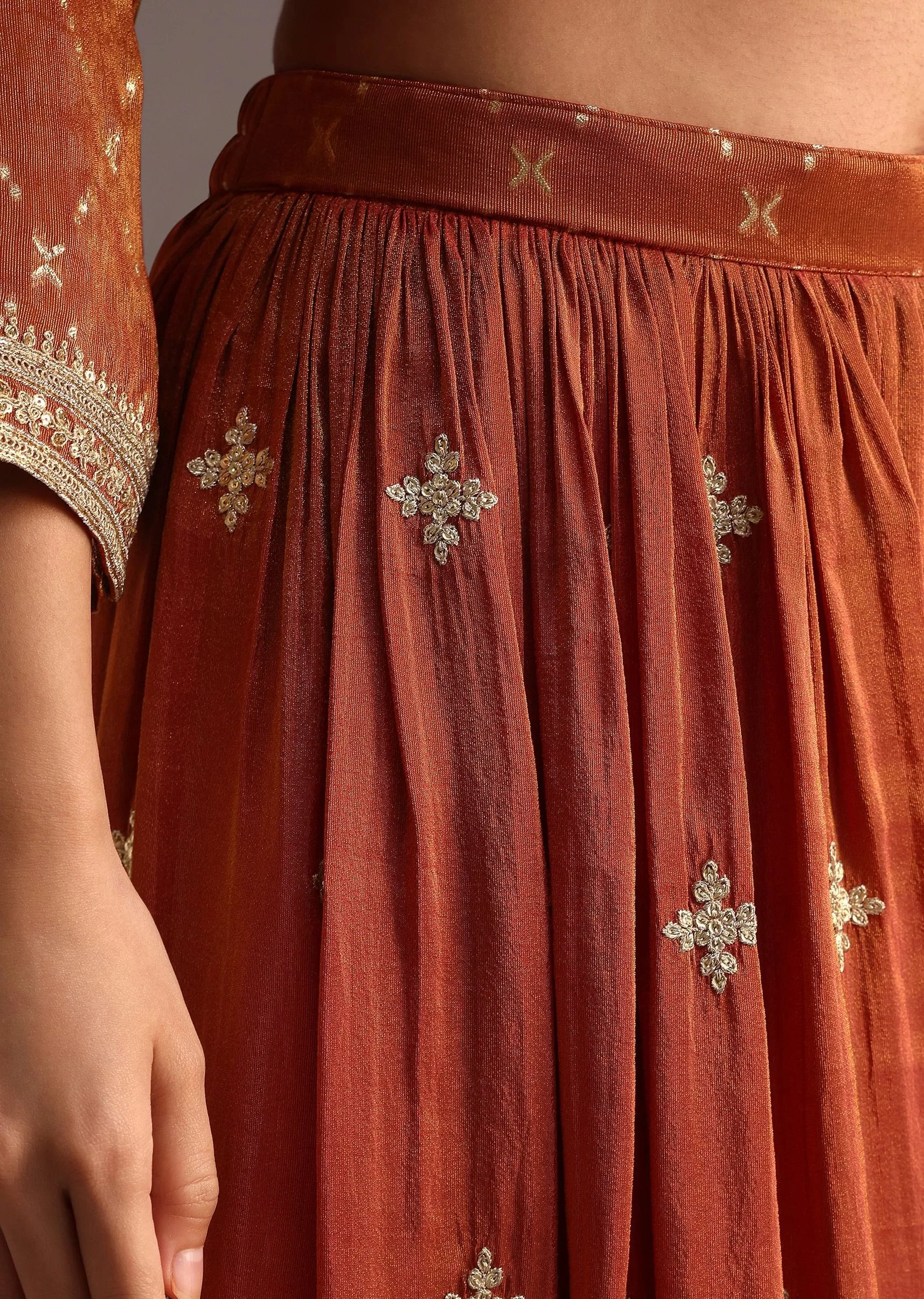 Brown And Gold Embroidered Palazzo Suit With Dupatta