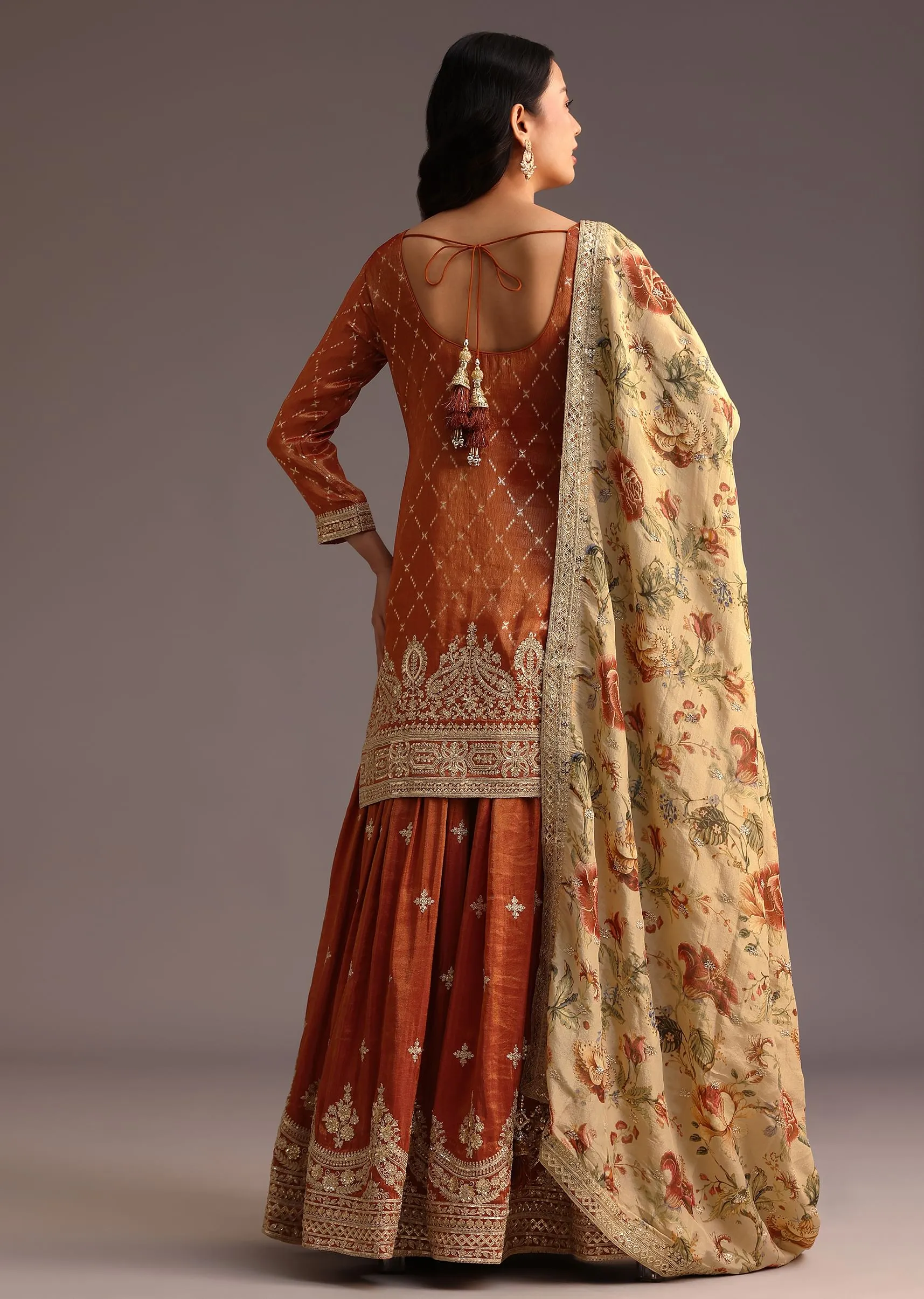 Brown And Gold Embroidered Palazzo Suit With Dupatta