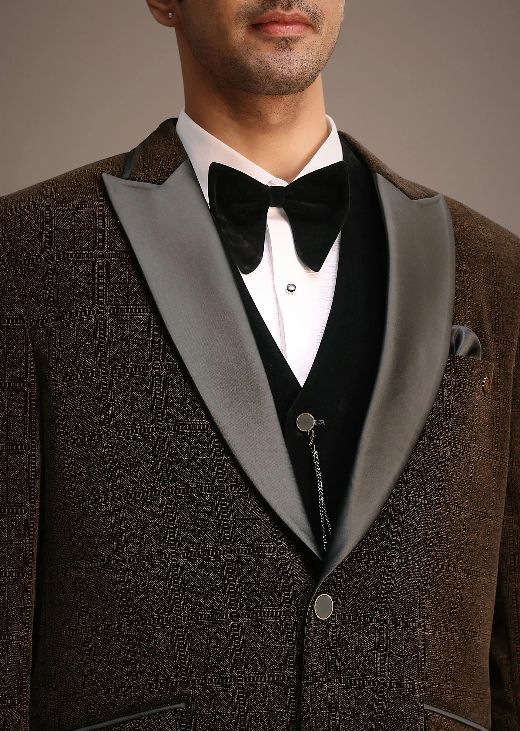 Brown Micro Velvet Tuxedo Set With Bow