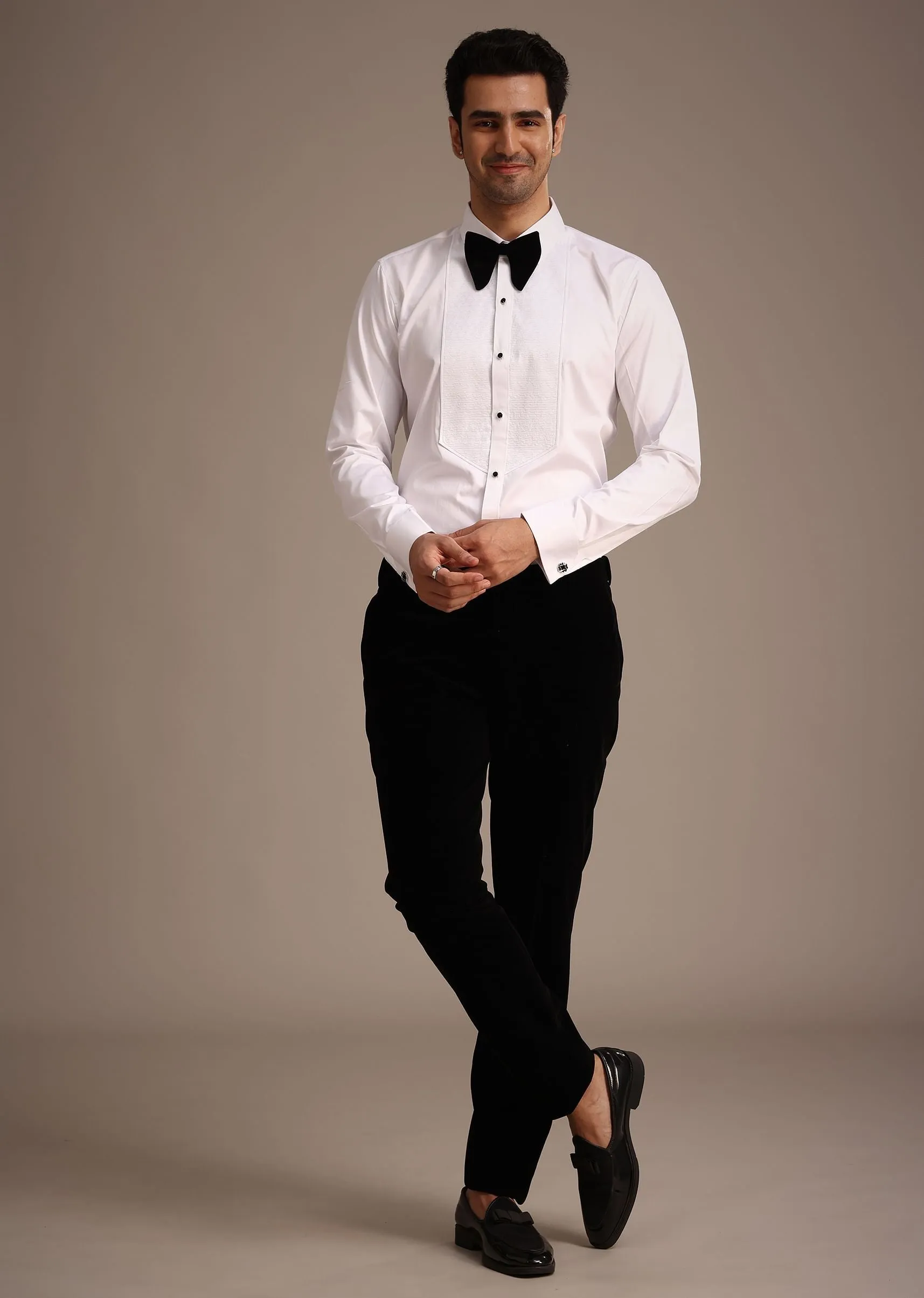 Brown Micro Velvet Tuxedo Set With Bow