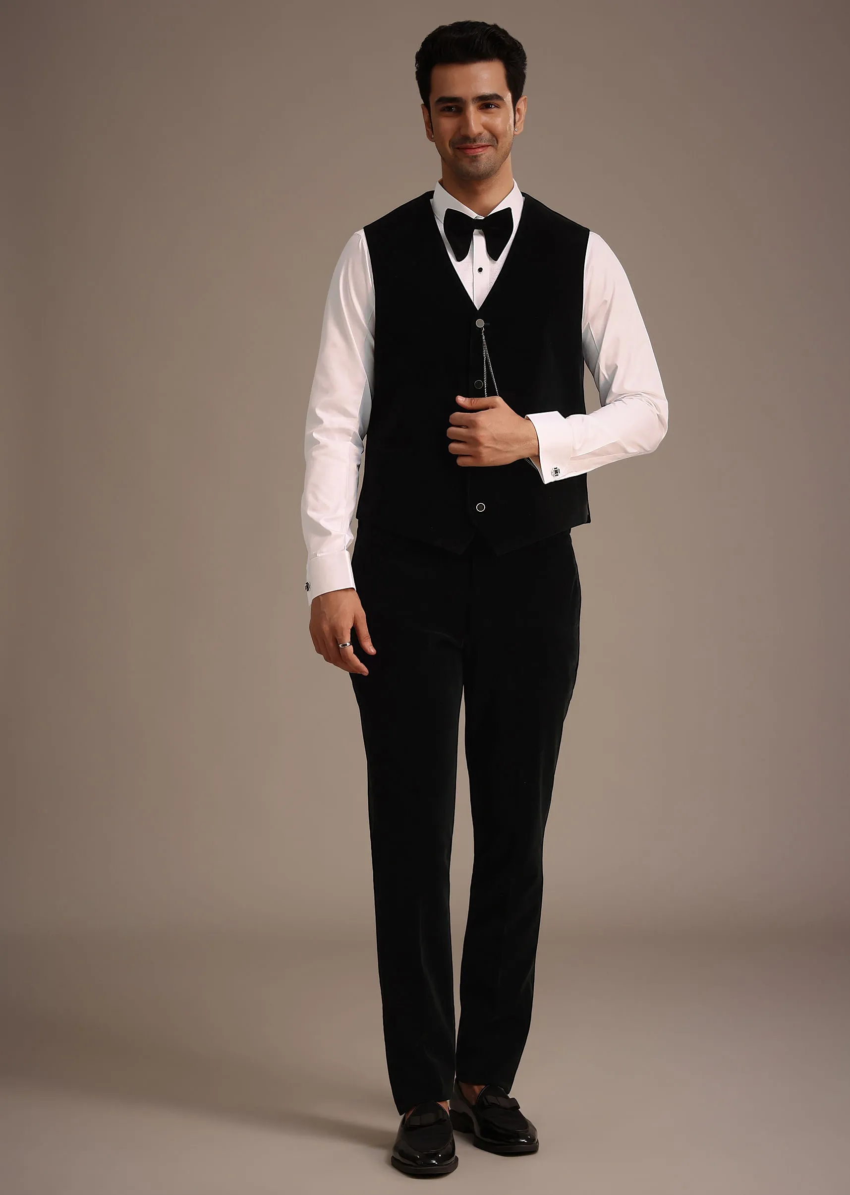 Brown Micro Velvet Tuxedo Set With Bow