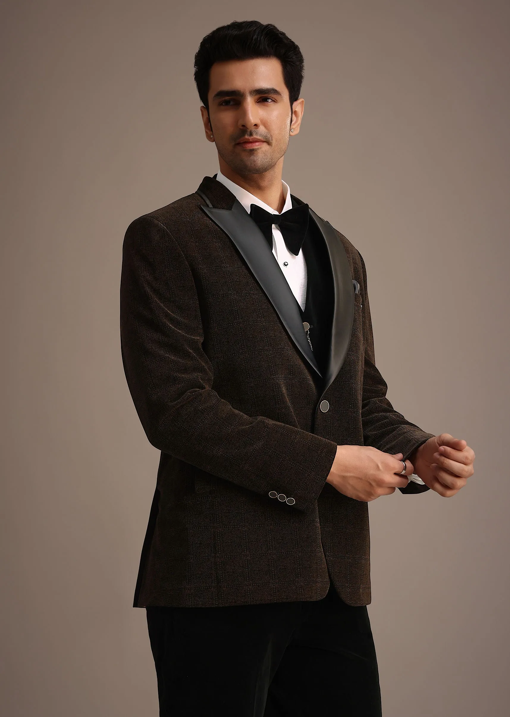 Brown Micro Velvet Tuxedo Set With Bow