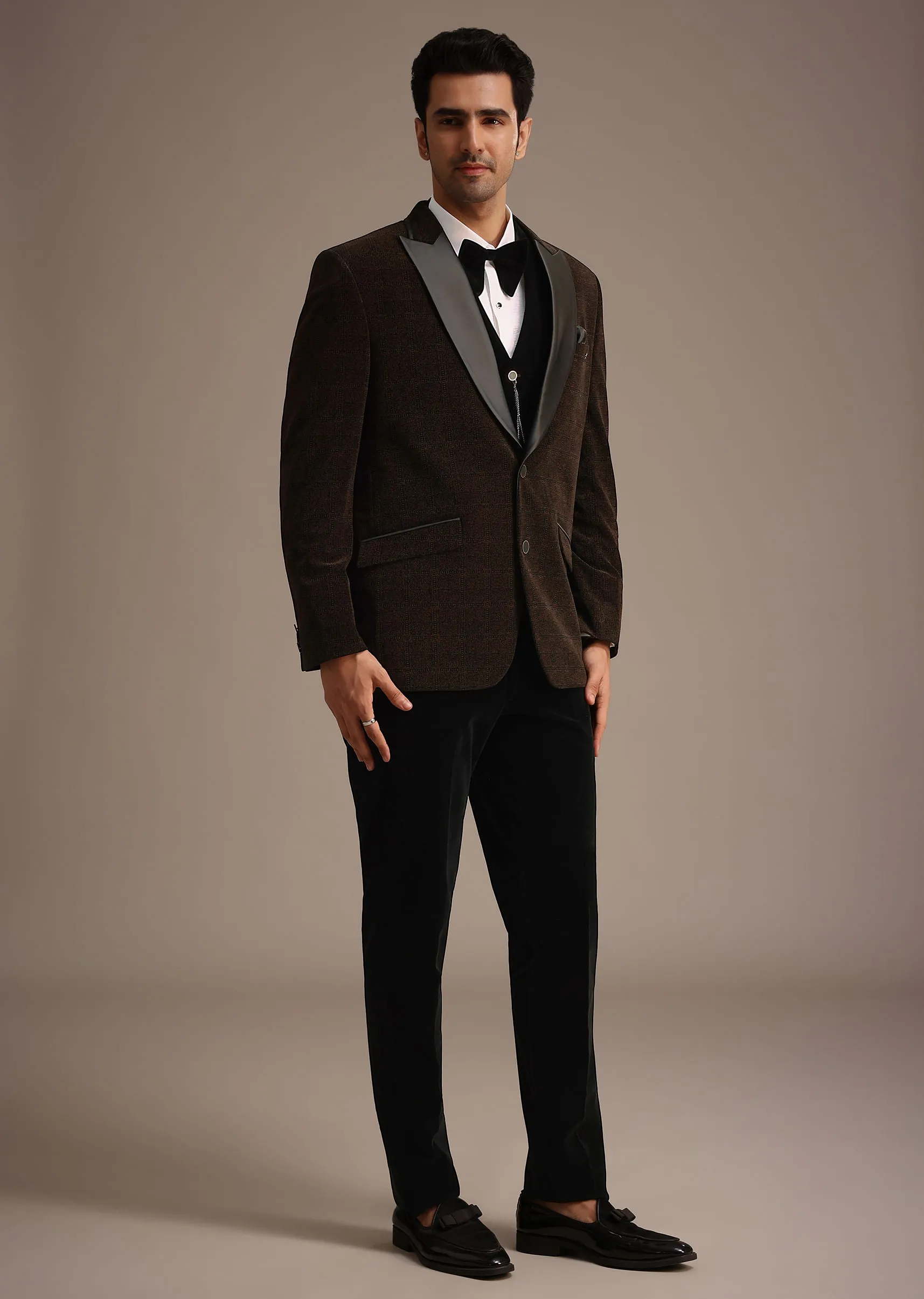 Brown Micro Velvet Tuxedo Set With Bow
