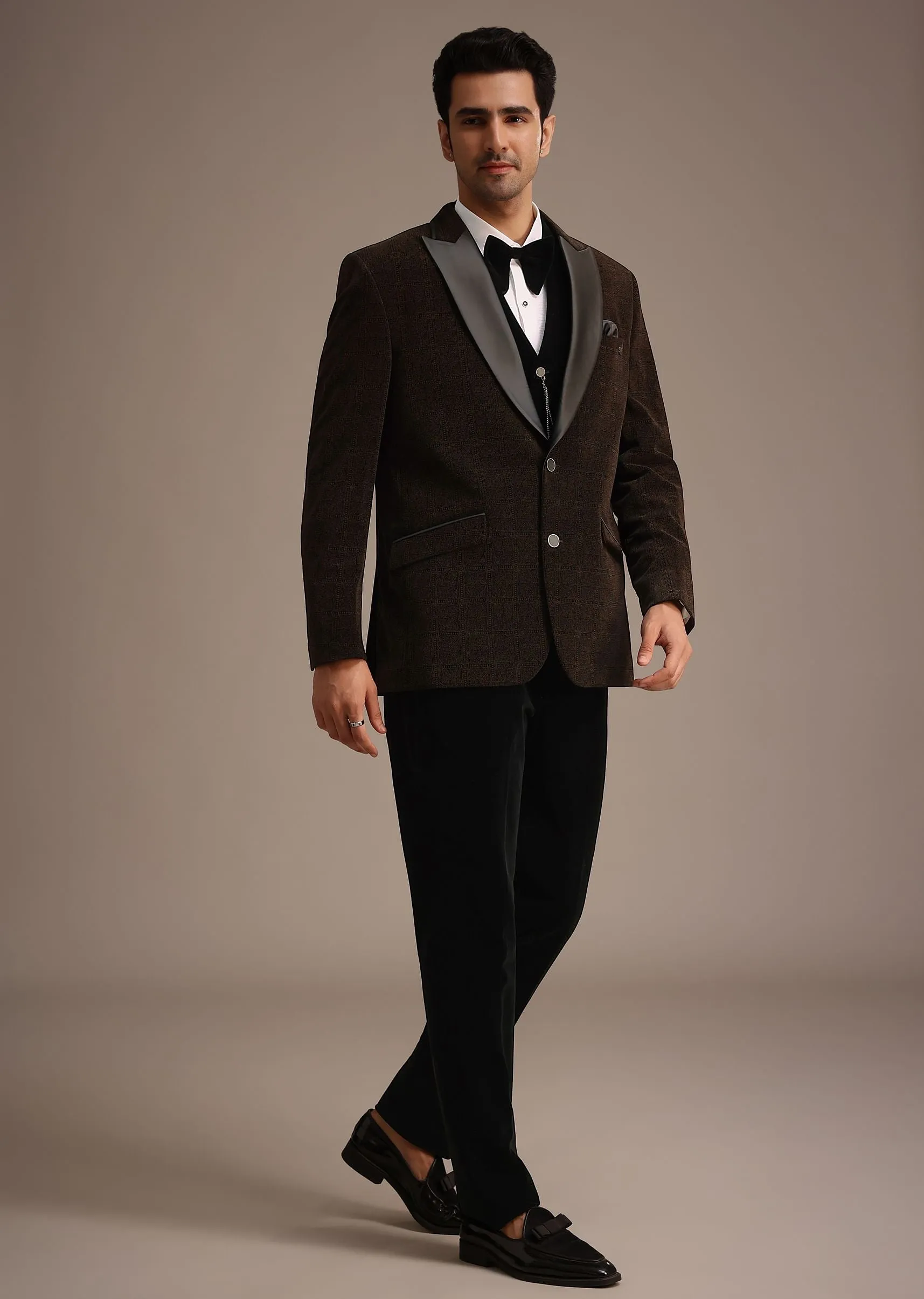 Brown Micro Velvet Tuxedo Set With Bow