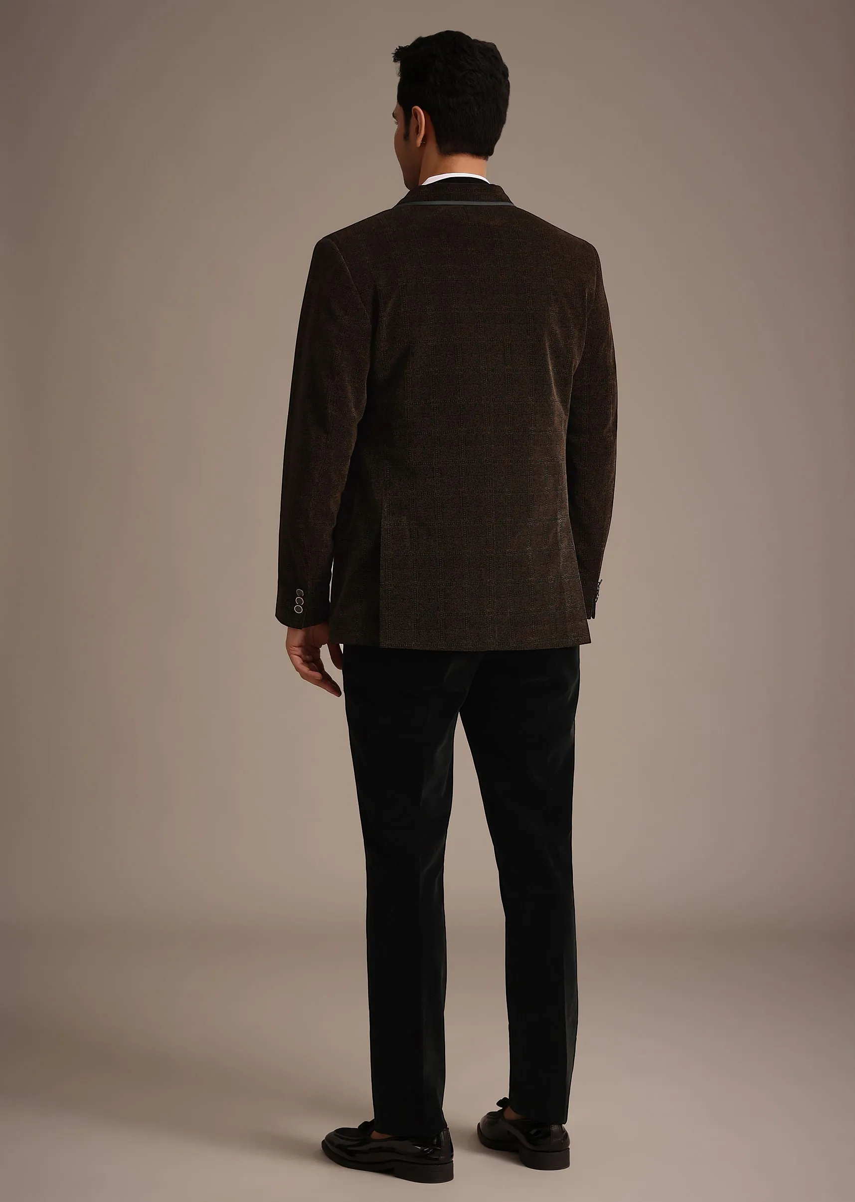 Brown Micro Velvet Tuxedo Set With Bow