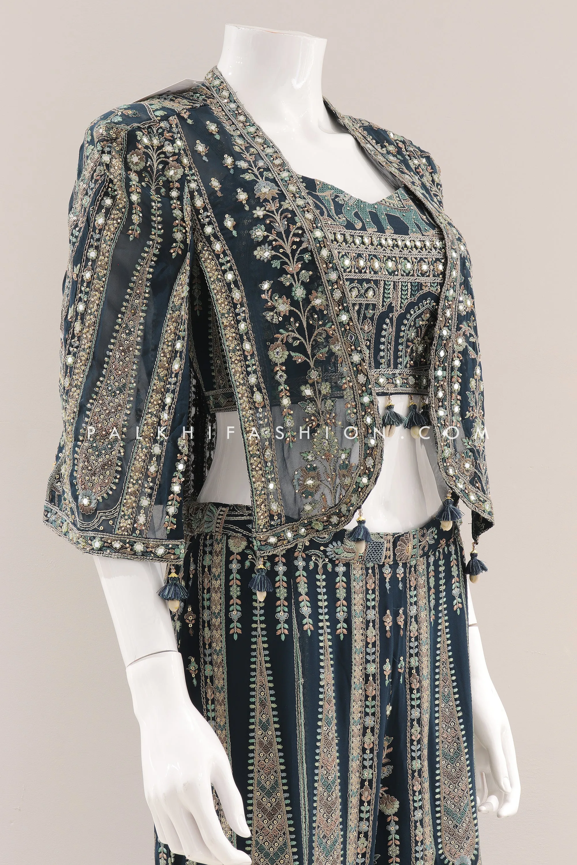 Emerald Elegance: Embroidered Palazzo Outfit With Jacket