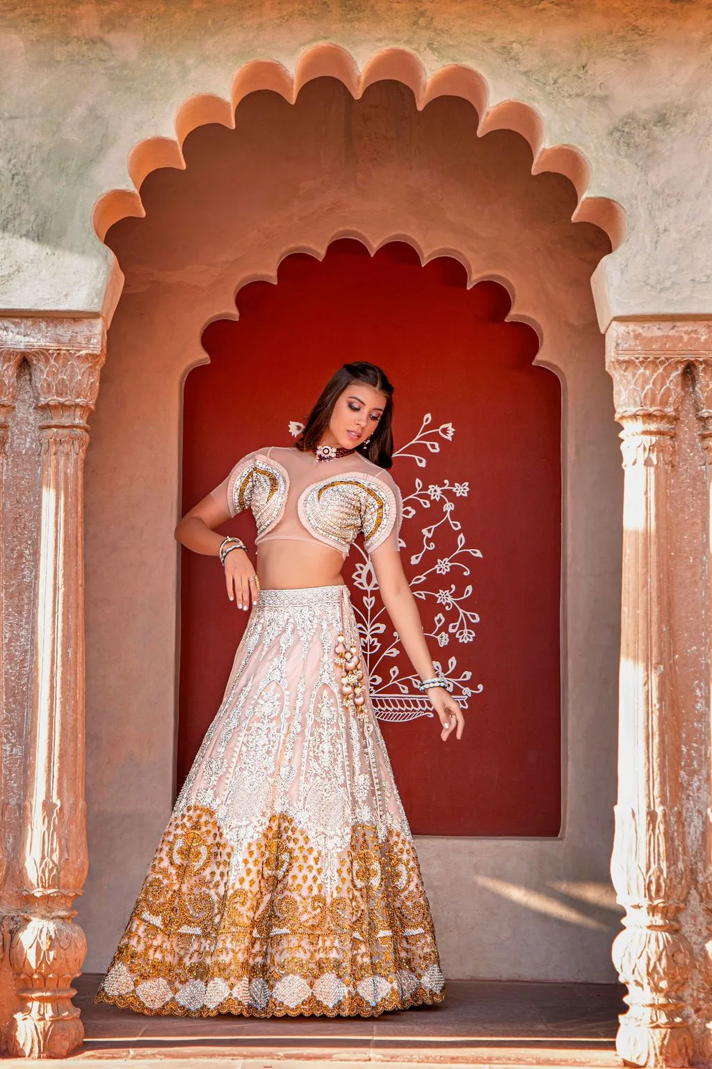 Fully Embroidered Nude Lehnga