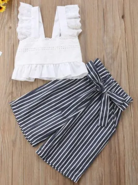 Girls White Eyelet Ruffled Sleeve Cropped Top And Navy Cropped Striped Palazzo Pants