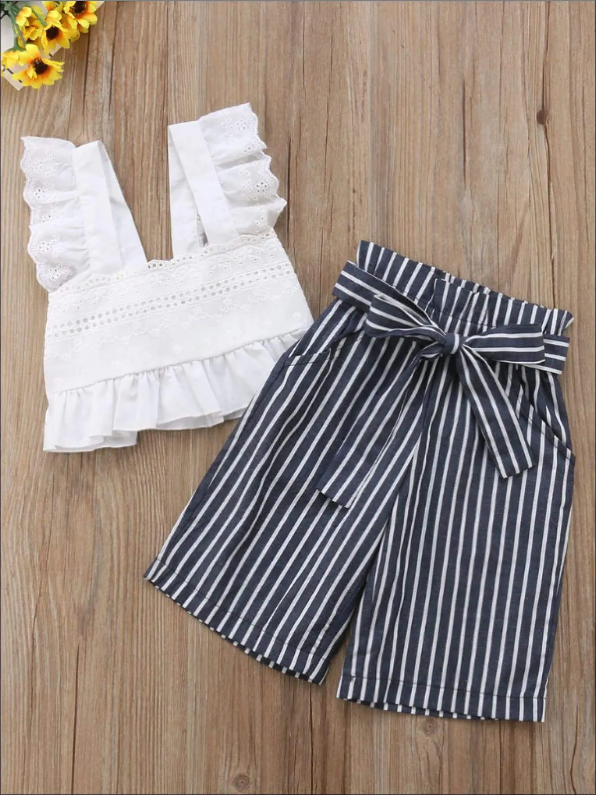 Girls White Eyelet Ruffled Sleeve Cropped Top And Navy Cropped Striped Palazzo Pants