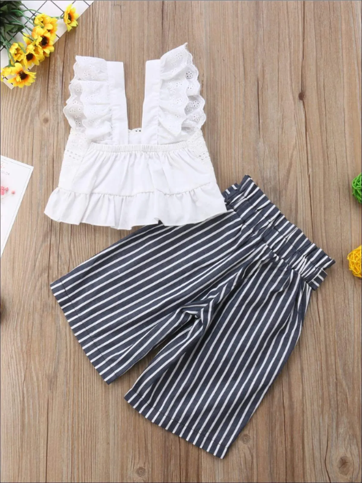 Girls White Eyelet Ruffled Sleeve Cropped Top And Navy Cropped Striped Palazzo Pants