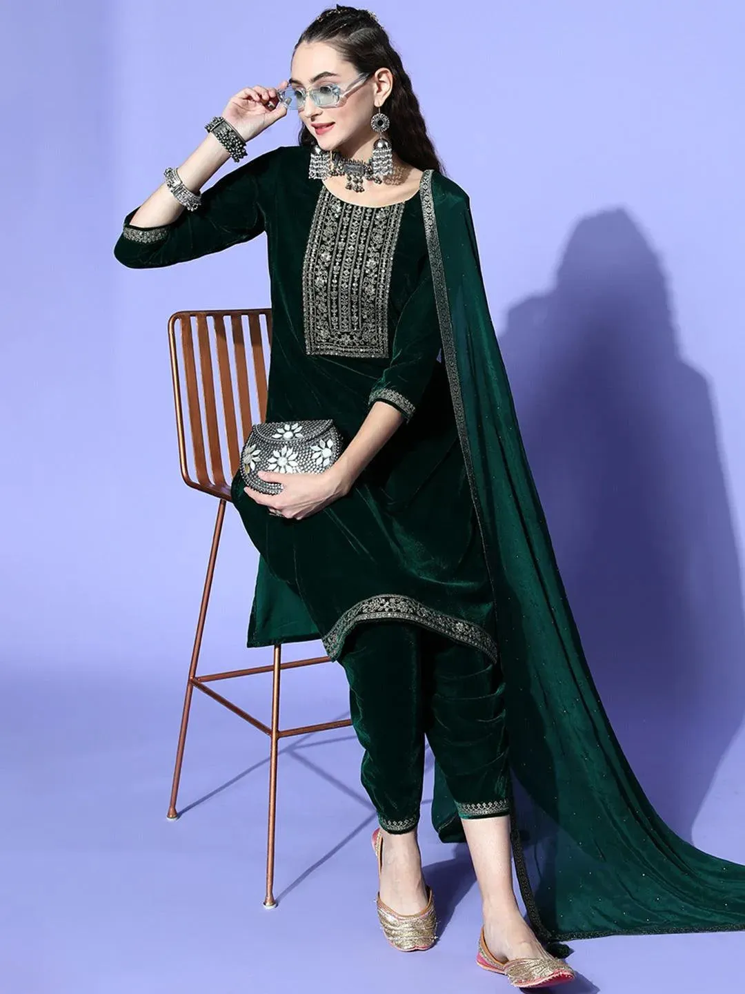 Green Yoke Design Velvet Straight Kurta With Dhoti Pant & Dupatta