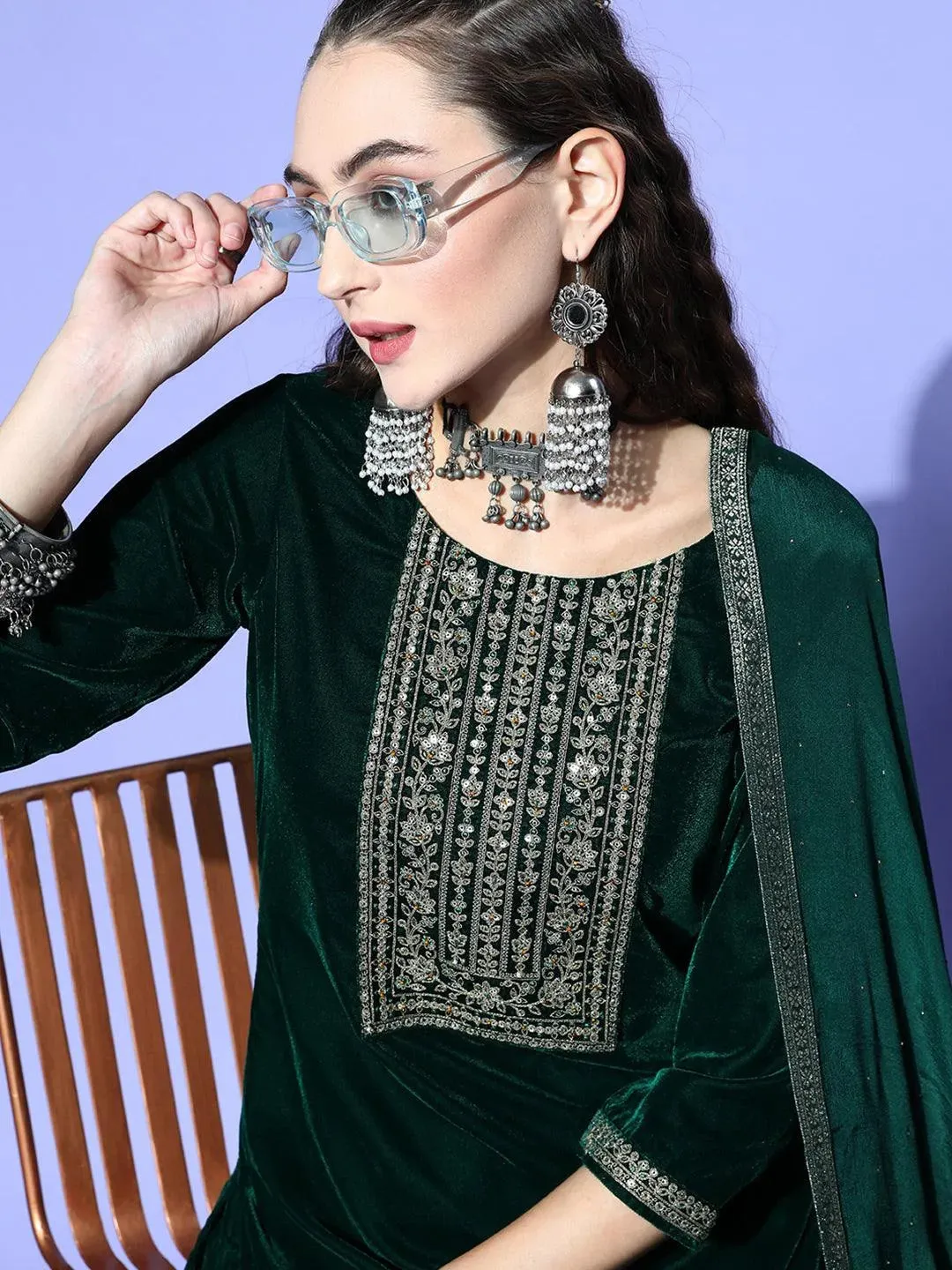 Green Yoke Design Velvet Straight Kurta With Dhoti Pant & Dupatta
