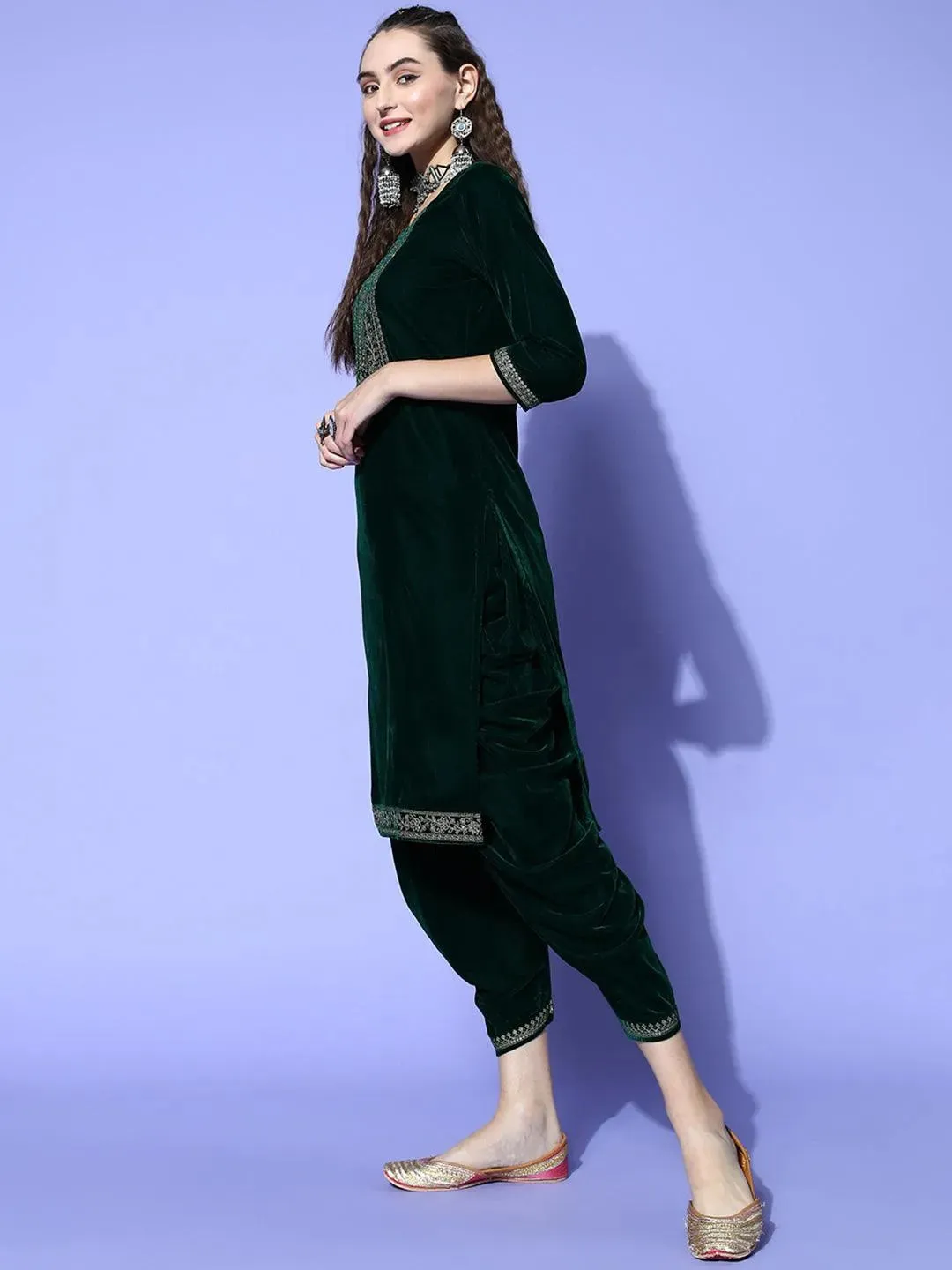 Green Yoke Design Velvet Straight Kurta With Dhoti Pant & Dupatta