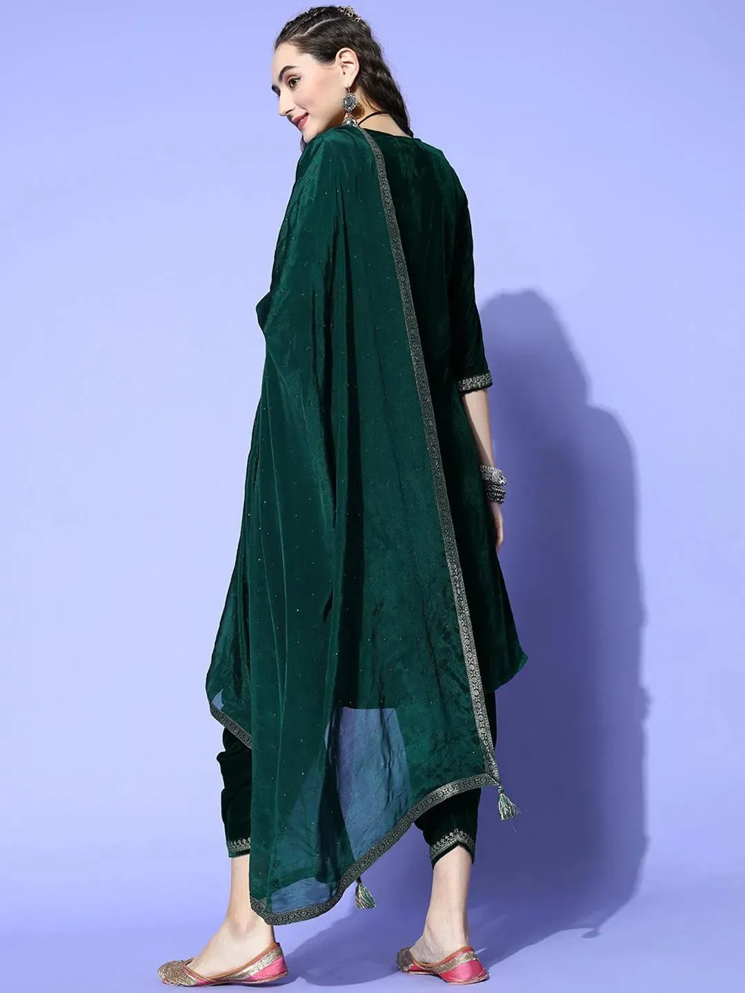 Green Yoke Design Velvet Straight Kurta With Dhoti Pant & Dupatta